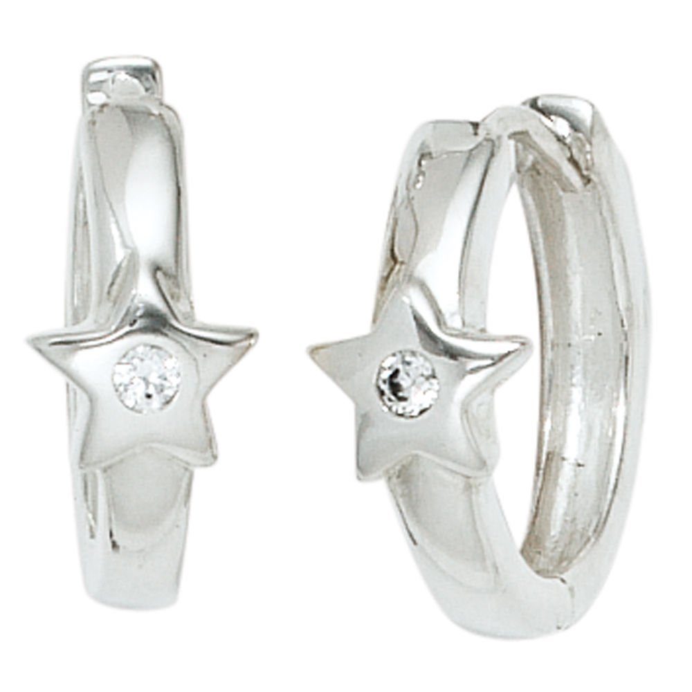 Schmuck Krone Paar Creolen Ohrringe Creolen 14,1mm Stern Sterne 925 Silber mit Zirkonia Ohrschmuck, Silber 925