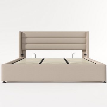 NMonet Polsterbett Doppelbett Stauraumbett 180x200cm (Hydraulisch anhebbarer Bettstauraum), mit Bettkasten und Lattenrost, Bezug aus Leinen, 180 x 200cm