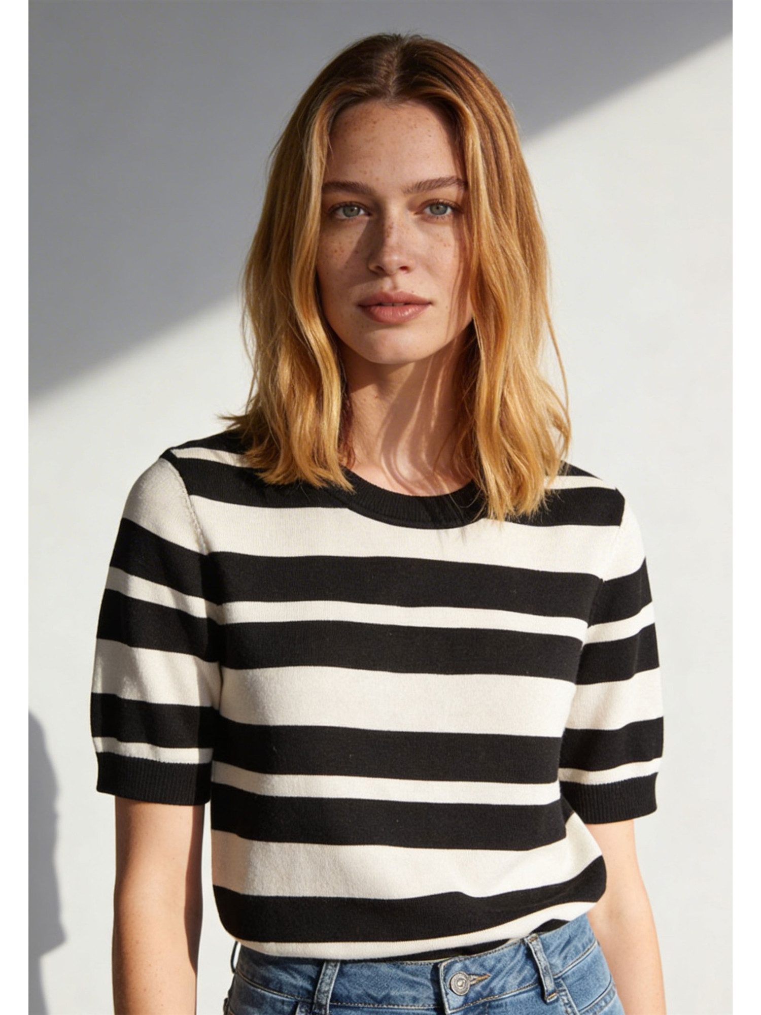 MORE&MORE Rundhalspullover Kurzarm-Pullover mit Streifen