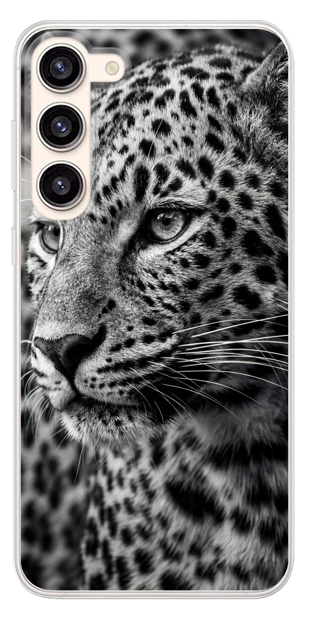 MuchoWow Handyhülle für Samsung Galaxy S23 Plus Leopard - Schwarz - Weiß - Auge, Phone Case, Silikon, Schutzhülle Dünn