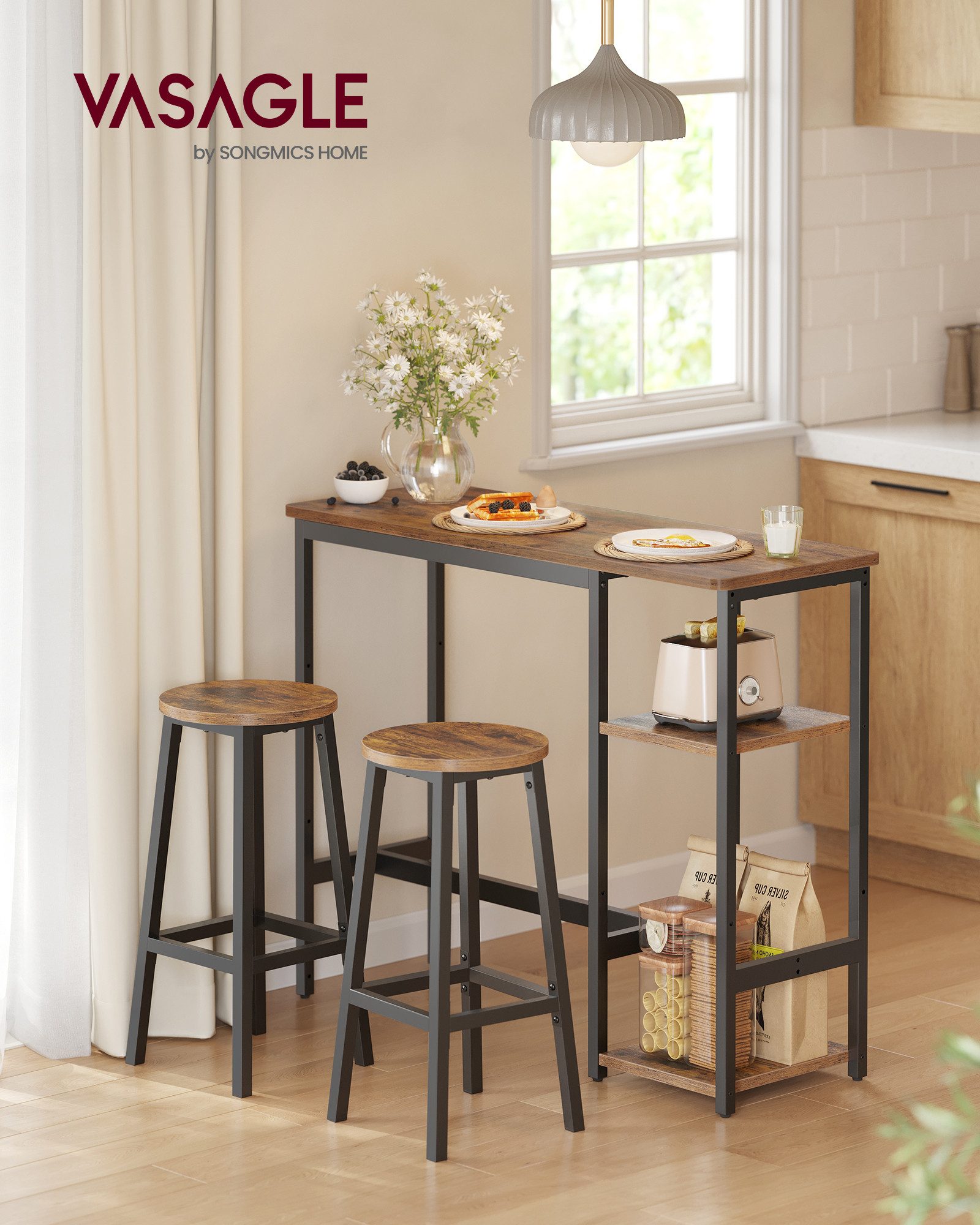 VASAGLE Bartisch Bartisch-Set, Bartisch-Set mit Regal, Essgruppe mit 2 Hockern, Metallgestell