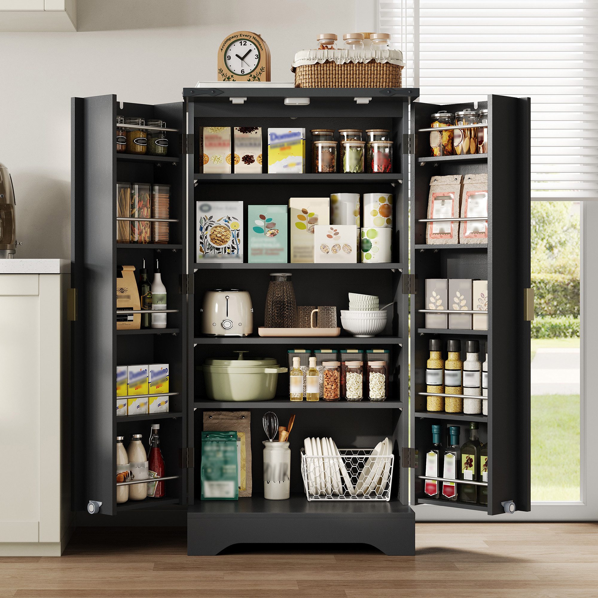 HAUSS SPOLE Highboard mit LED Hochschrank Küchenschrank mit verstellbare Regalböden,Schwarz (20×60,5×40 cm, Holzmaserung-Finish, Doppeltürschrank, vielseitige Aufbewahrung, moderne Türdesigns), verstellbare Einlegeböden, Kippschutz, staubgeschützte Aufbewahrung