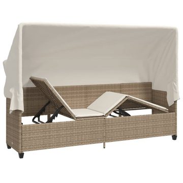 vidaXL Wellnessliege Sonnenliege mit Dach und Kissen Beige Polyrattan Sonnenbett mit Himmel