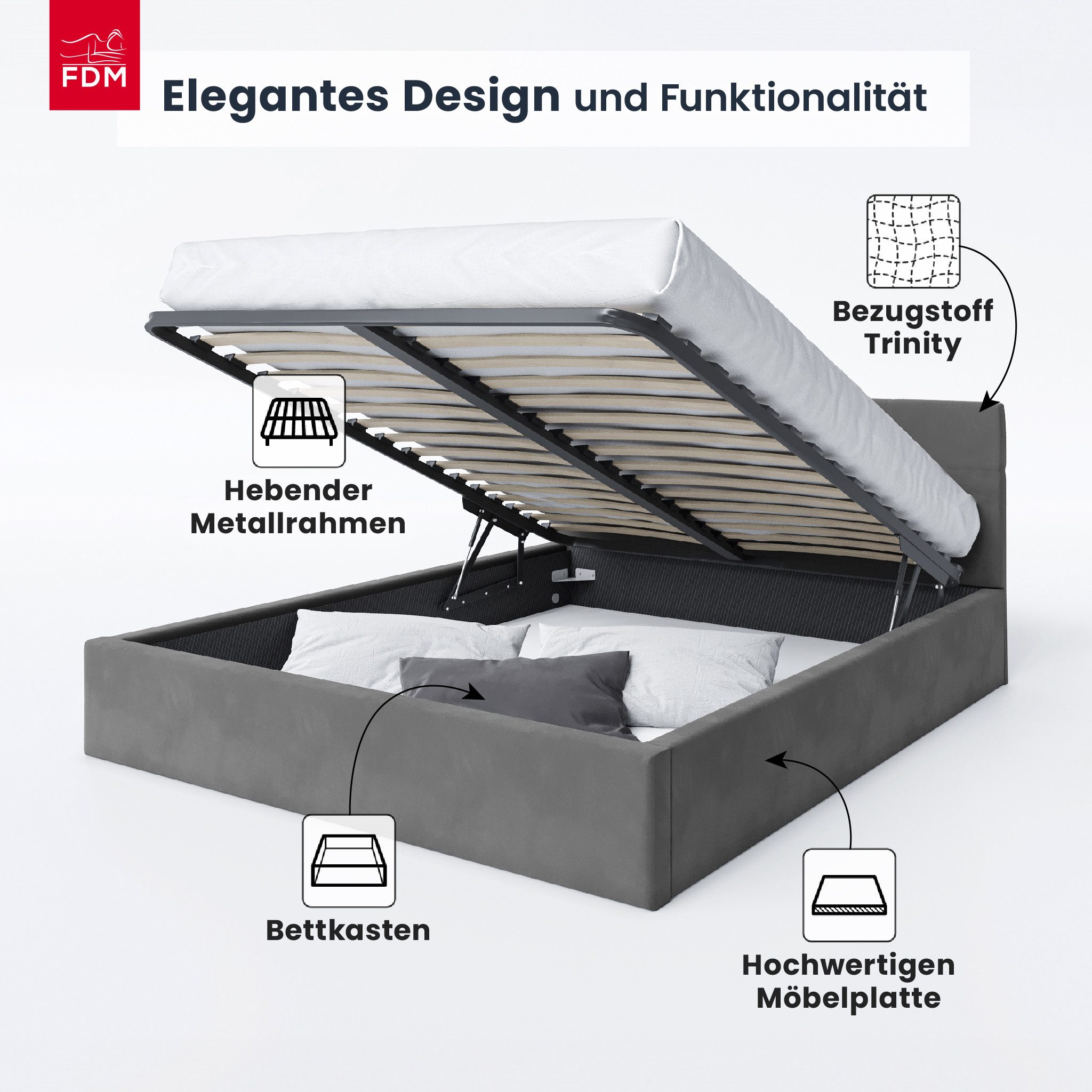 FDM Polsterbett VEGAS Bettkasten MADE IN EU - mit hochwertigem Velours Bezug (verfügbar 90x200 120x200 140x200 160x200 180x200cm, Bettrahmen, Bett, mit großen gepolsterten Kopfteil, mit Bettkasten zum aufklappen), Hebbarer Metallrahmen, Bettkasten, ohne Matratze