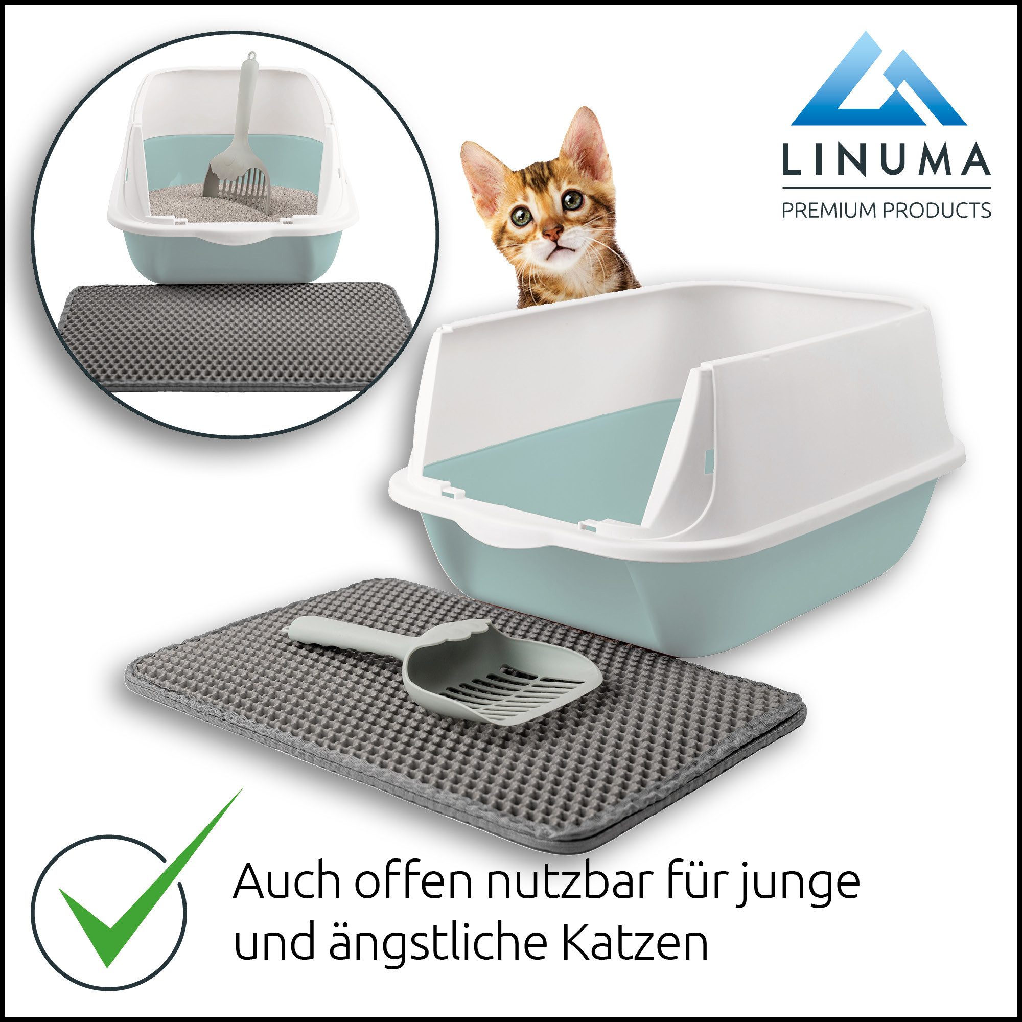 LINUMA Katzentoilette Katzenklo mit Deckel, Streumatte und Schaufel abnehmbar auch offen, Katzenklo auch offen nutzbar inkl. Katzenstreumatte und Schaufel