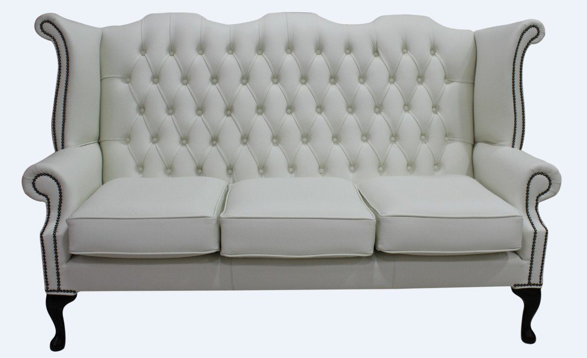 Casa Padrino 3-Sitzer Luxus Echtleder 3er Sofa Weiß Vintage Antik Look 183 x 90 x H. 105 cm - Chesterfield Sofa