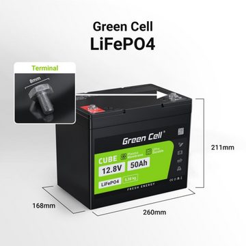 Green Cell LiFePO4 640 Wh Akku Battery Lithium-Eisen-Phosphat-Akku 50Ah Batterie, (12.8 V), Kapazität 50Ah, Spannung 12,8V, Spitzenentladestrom 75A
