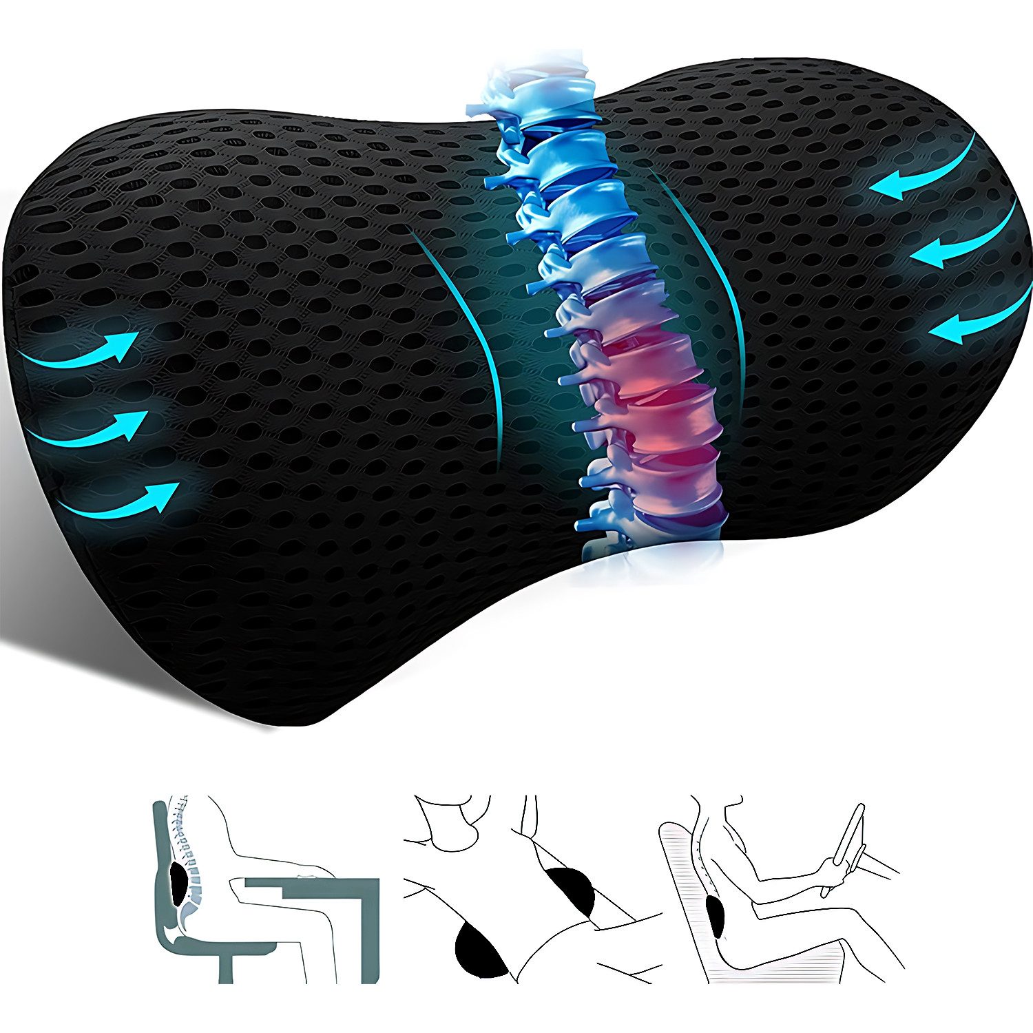 Refined Living Rückenkissen Ergonomisches RückenKissen aus Memory Foam, Stuhlkissen Lendenkissen, Lumbalkissen, Lendenstützkissen für Bürostuhl, Rollstuhl und Autositz, 1-tlg., Komfortkissen, Lendenwirbelstützkissen zum Ausruhen, Schlafen, Reisen, Orthopädisches Kopfkissen, Linderung von Rückenschmerzen (Schwarz)
