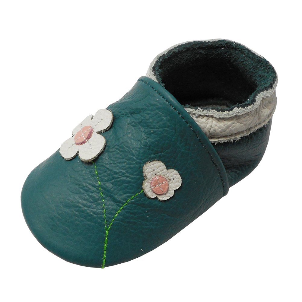 Schuhe Babyschuhe Mädchen Yalion Weiche Leder Krabbelschuhe Lauflernschuhe Hausschuhe Lederpuschen 2-Blumen Türkis 100% Leder Kr
