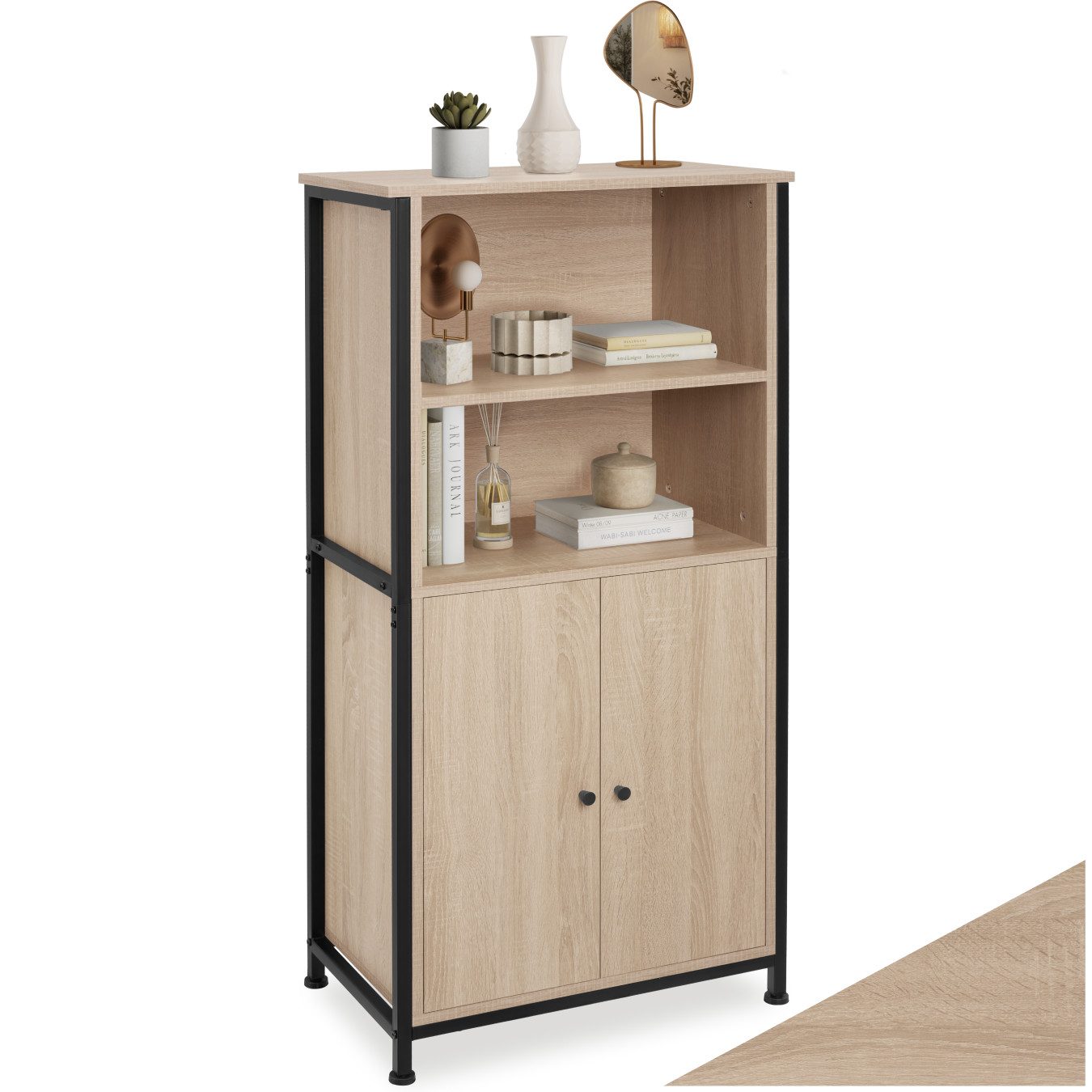 tectake Highboard Hochkommode, höhenverstellbare Füße, 60 x 38 x 125 cm, Holz und (Stauraumschrank Doncaster, in Industrial Holz hell, Eiche Sonoma), Schrankfach mit 2 Magnettüren und verstellbarem Einlegeboden