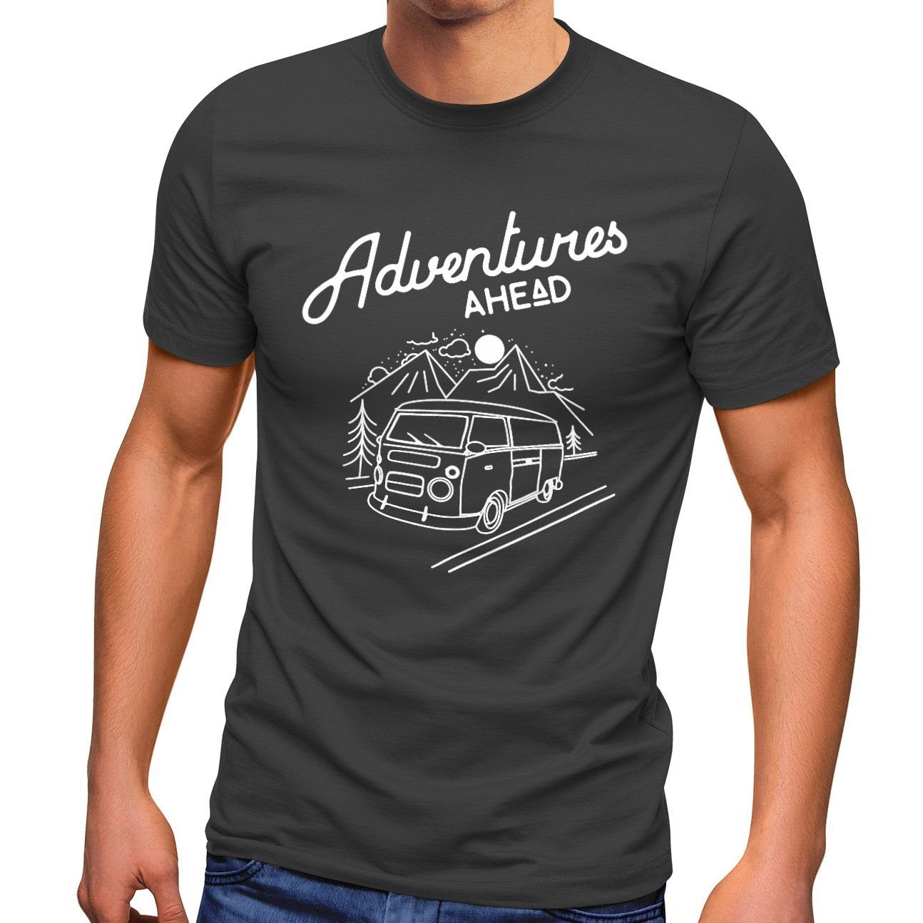 MoonWorks Print-Shirt Herren T-Shirt Bus Retro Abenteuer Adventures Ahead Moonworks® mit Print grau