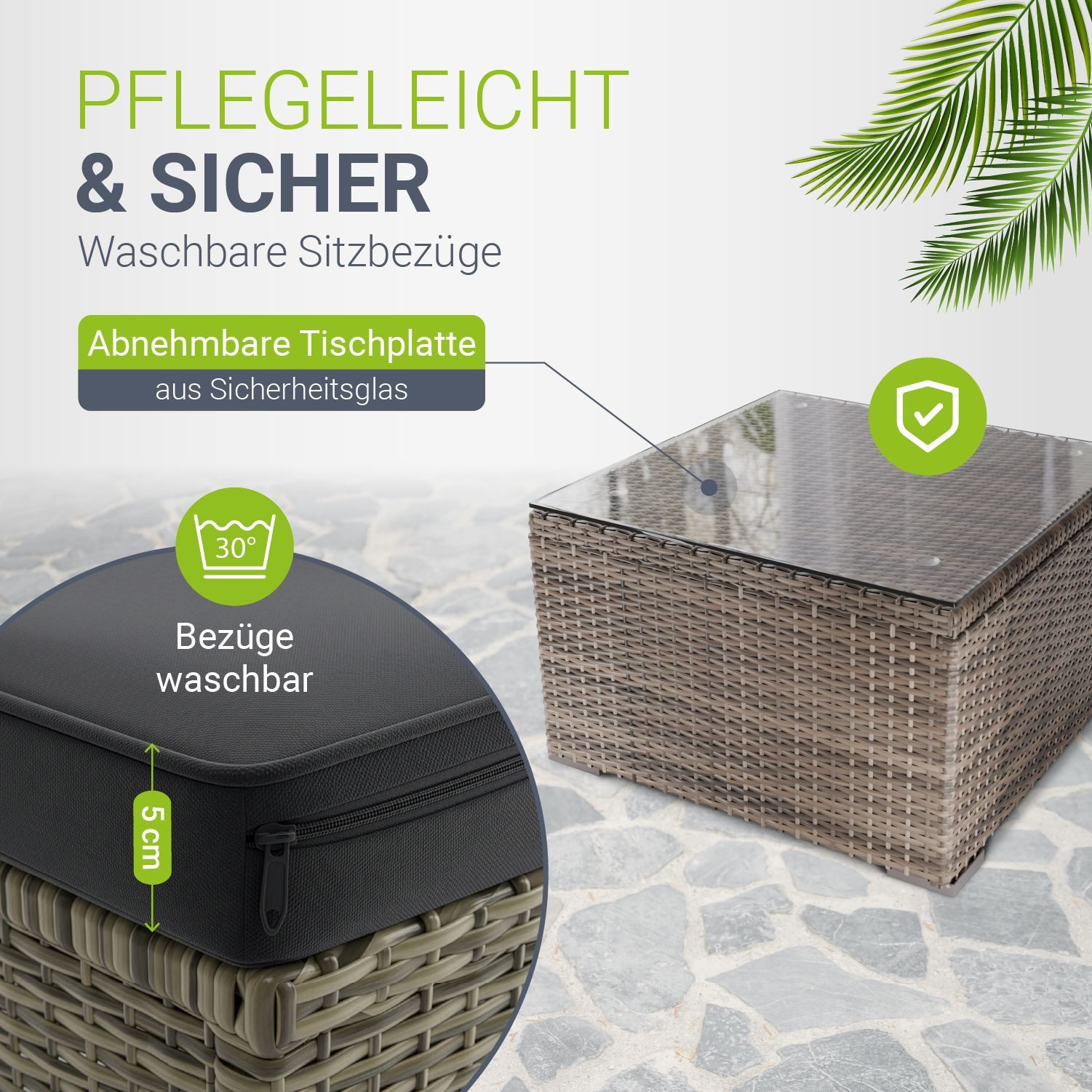 Juskys Gartenlounge-Set Punta Cana, (Set, Sitzgruppe), Polyrattan Sitzgarnitur mit 1 Tisch, 1 Sofa und 1 Hocker, 1 Abdeckung