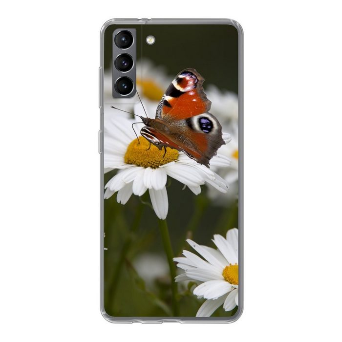 MuchoWow Handyhülle Tagpfauenauge Schmetterling mit Gänseblümchen Phone Case Handyhülle Samsung Galaxy S21 Plus Silikon Schutzhülle