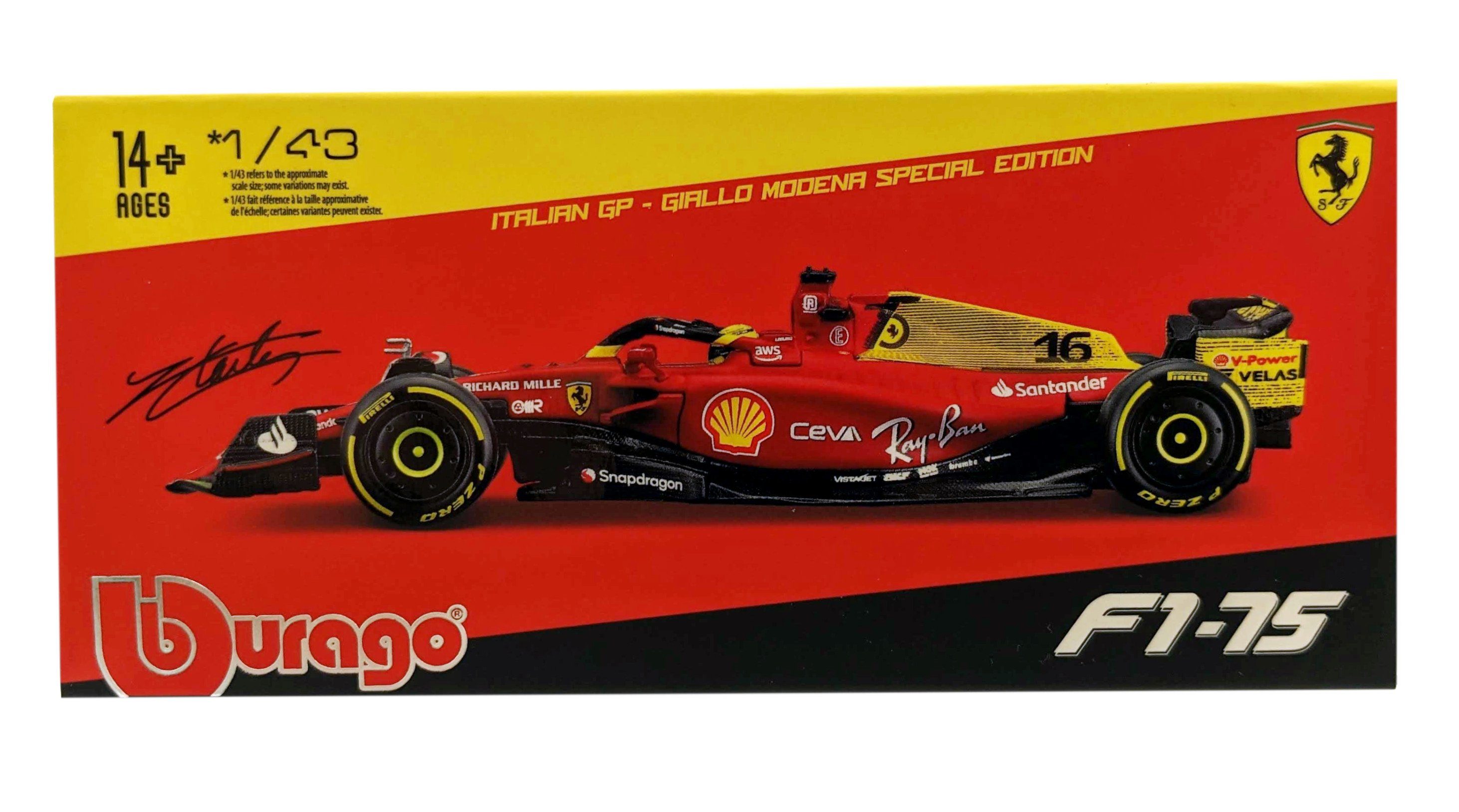Bburago Modellauto Ferrari F1-75 Leclerc #16 Monza-Ausführung, Maßstab 1:43, in Sammler-Acrylbox
