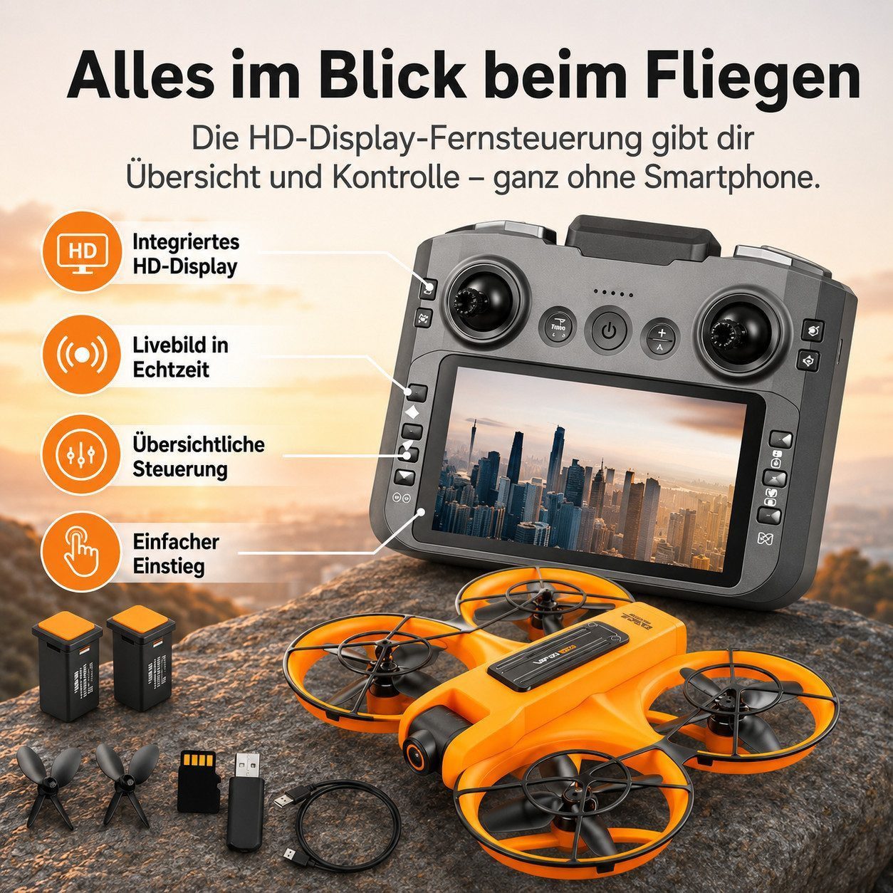 Goldstern-Tech RC-Quadrocopter (Drohne mit Dual-Kamera & Full-HD Displaycontroller, Kameradrohne, bis zu 60 Min. Flugzeit), Optical Flow, 360° Flugmodi, Propellerschutz