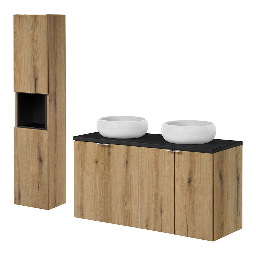 en.casa Badmöbel-Set, »Skelbolu« Waschtisch 120x57x39 cm mit Hochschrank Eicheoptik/Schwarz