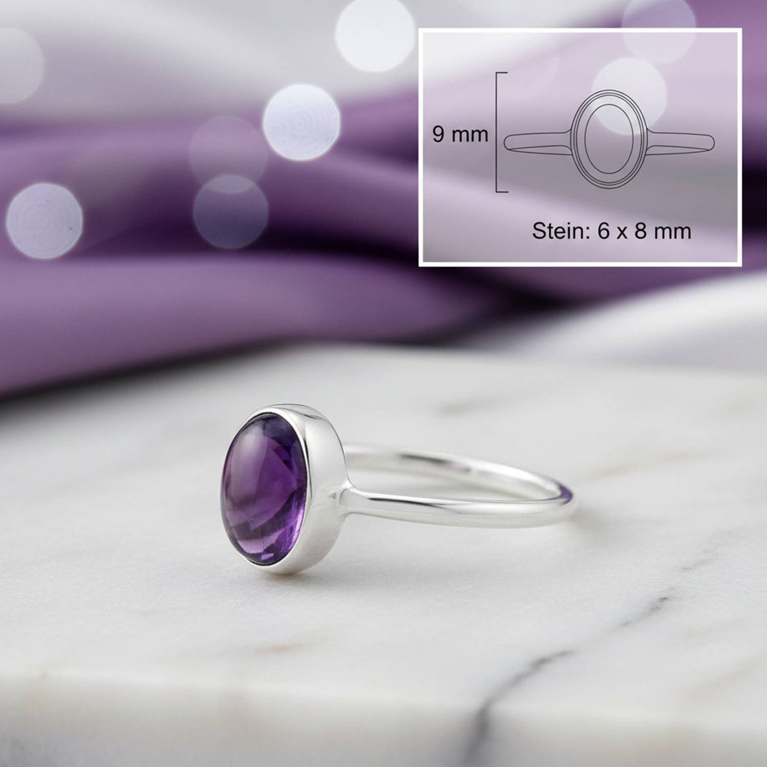 mantraroma Silberring SAMA oval aus 925 Silber mit Amethyst (Ring mit Schmuckbeutel), Damenring aus 925er Silber