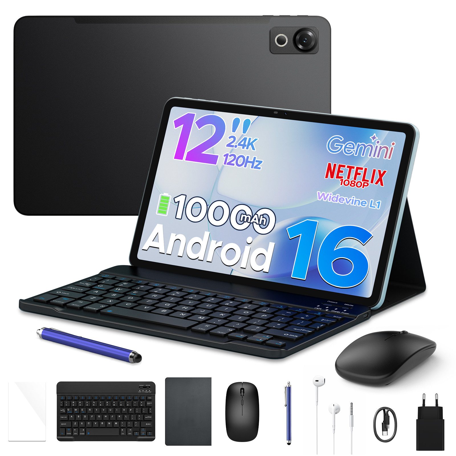 POCKAM P12 Android 16 Tablet mit Tastatur, 120 Hz, 2,4K, 12 Zoll, 10.000 mAh Tablet (12", 8 GB, Android 16, Octa-Core, 8GB+128GB/2TB, 13MP+8MP, Gemini AI, Face ID, Widevine L1)