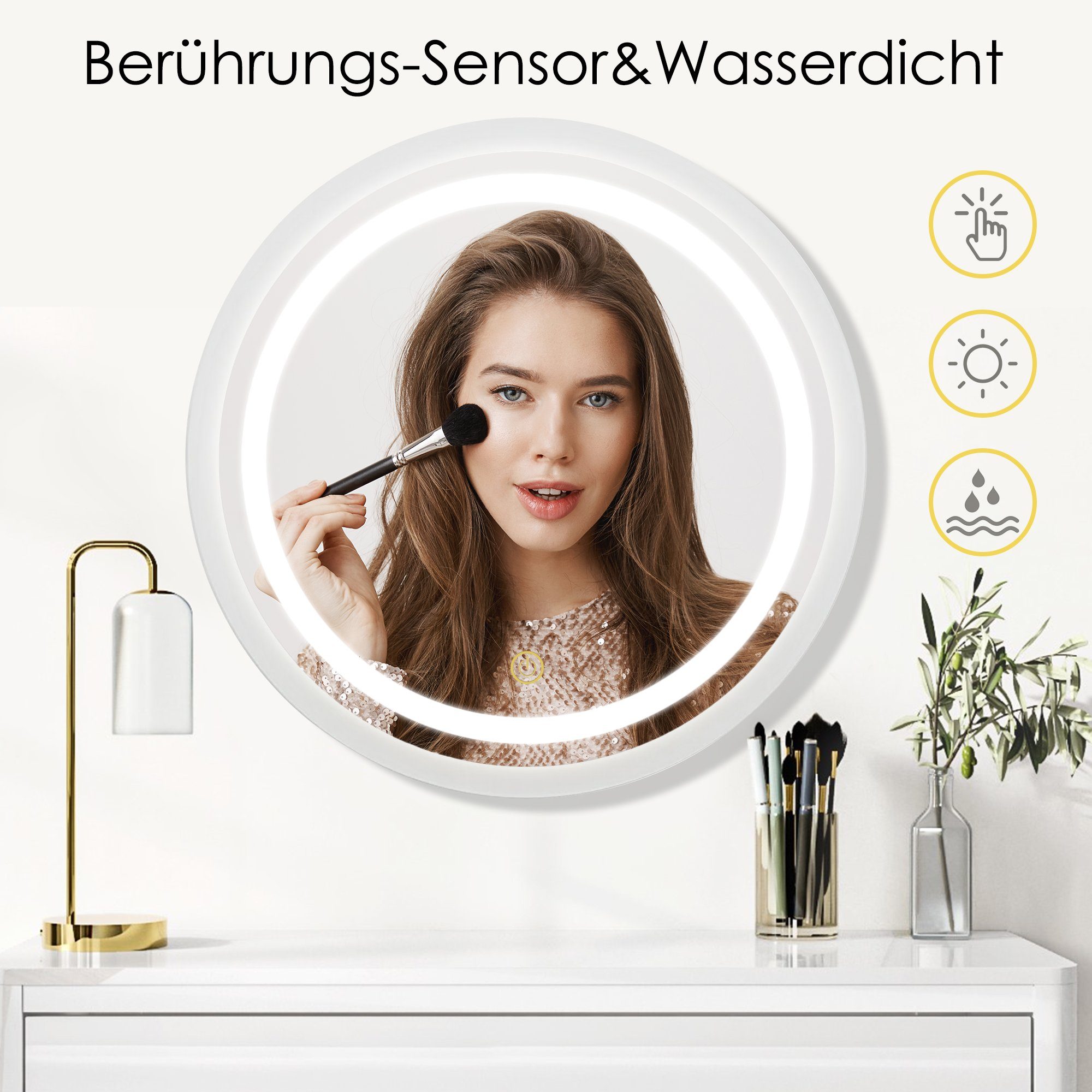 LED-Spiegel, Odikalo Kosmetikspiegel 54x54cm,rund Touch-Funktion,Schlafzimmer, Wandspiegel,