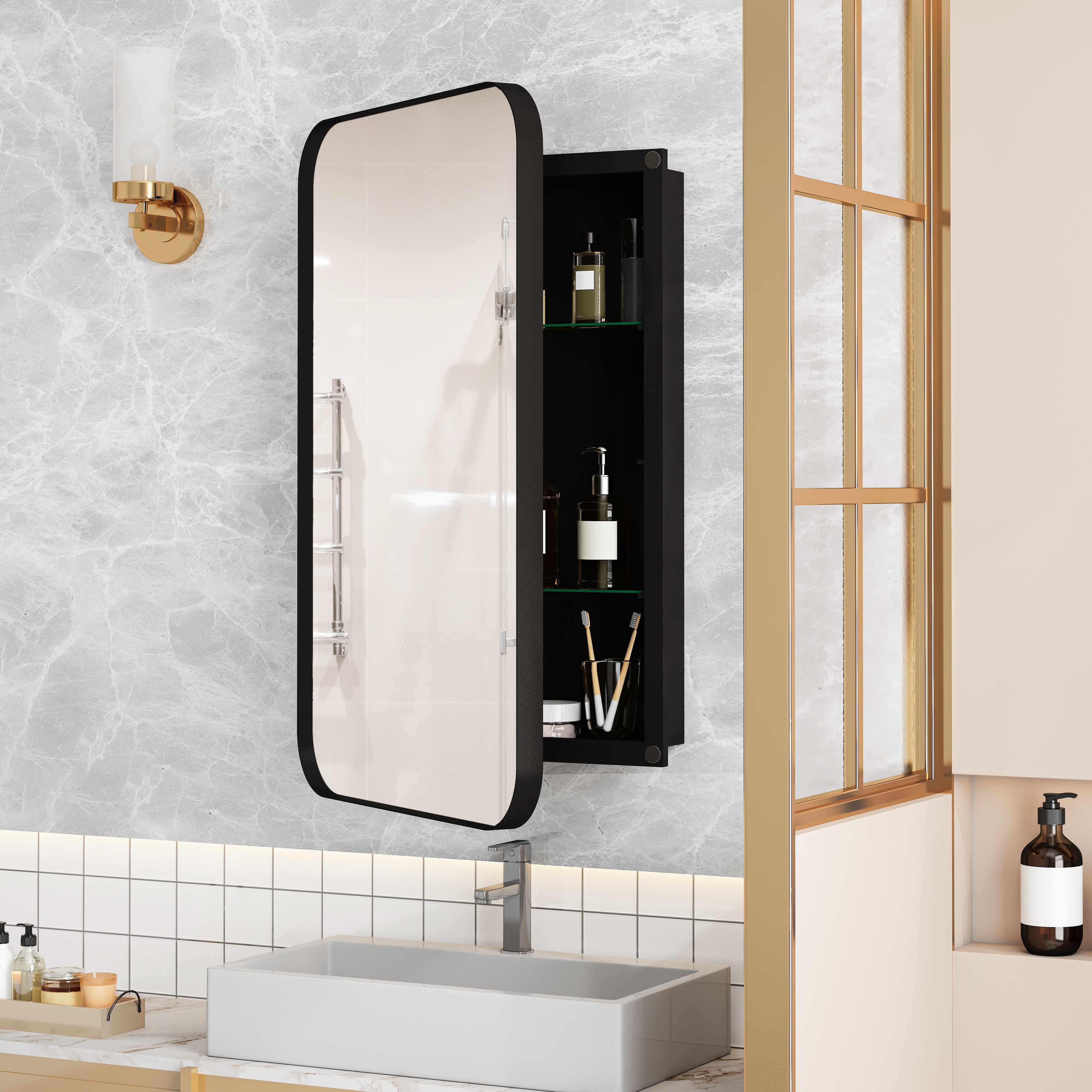 STILVORA Spiegelschrank mit Metallrahmen,Rectangle Bronzespiegel Badezimmerspiegel mit Regalen (mit Metallrahmen, Wand-Medikamentenschrank mit verstellbaren Böden & Stauraum)