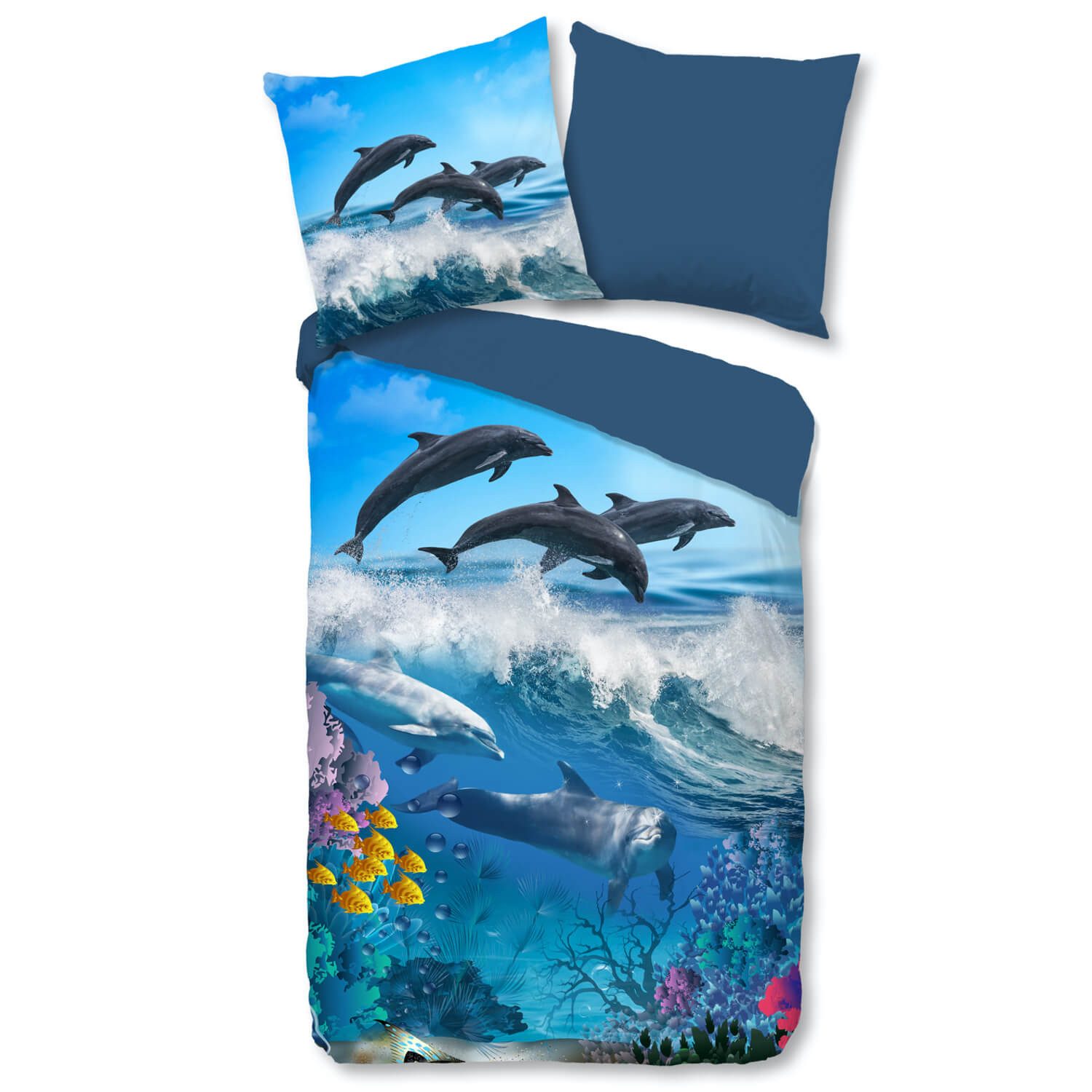 ESPiCO Kinderbettwäsche Delfine Blau Trendy Bedding, Renforcé, 2 teilig, Korallen, Fische, Wellen