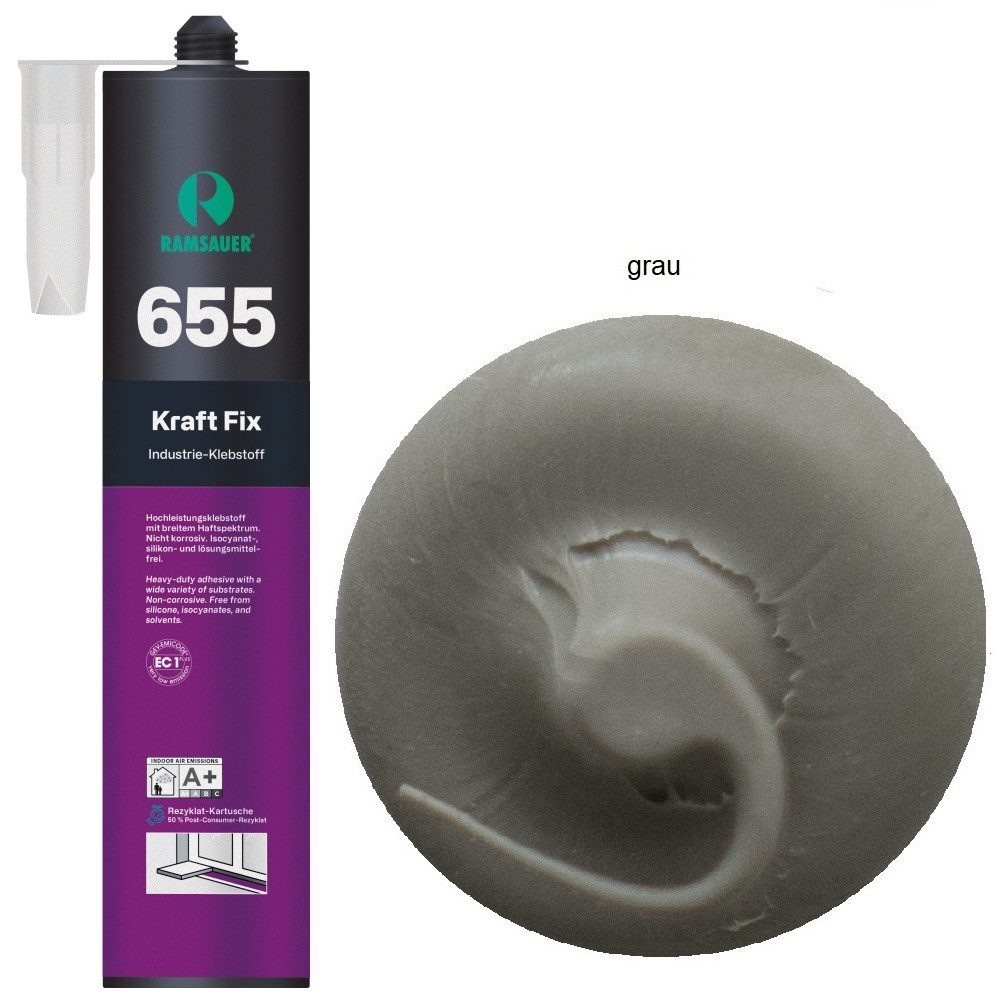 Ramsauer Klebstoff Ramsauer 655 Kraft Fix 1K Hybrid Klebstoff 450g Kartusche grau, siliconfrei, überstreichbar, geruchlos