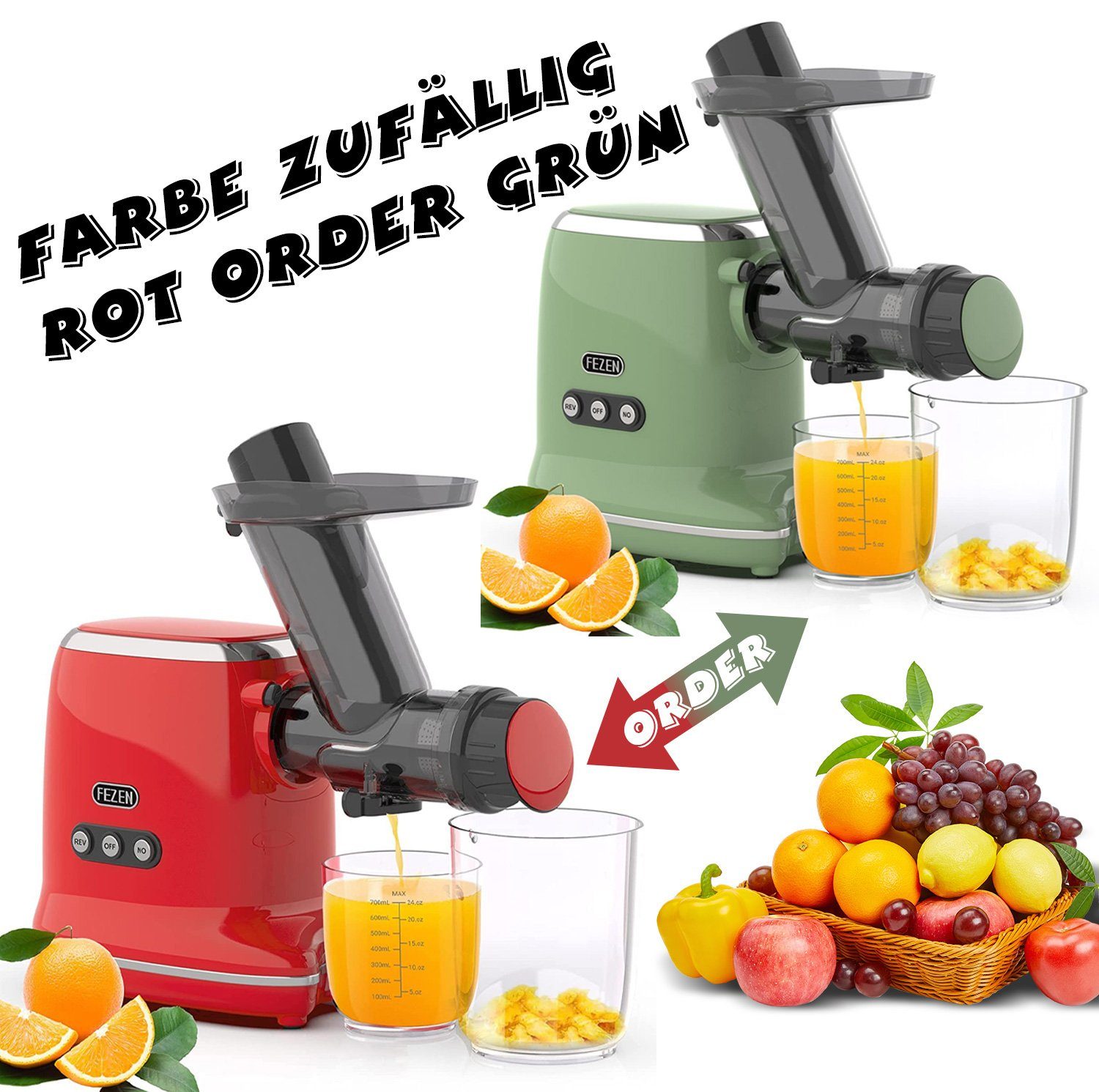 FEZEN Slow Juicer für Obst und Gemüse, BPAFrei, Breite Rutsche, 150,00 W, [zufällige Farbe/rot