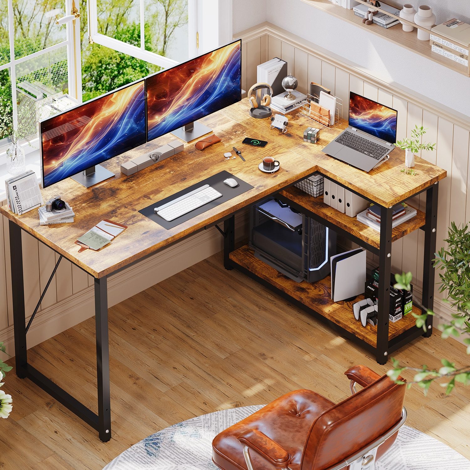 GUNJI Eckschreibtisch Eckschreibtisch Umkehrbarer L-förmiger Computer schreibtisch mit Hutch (Maße: 1 m/1,2 m/1,4 m/1,6 m, Schreibtisch mit verstellbaren Einlegeböden)