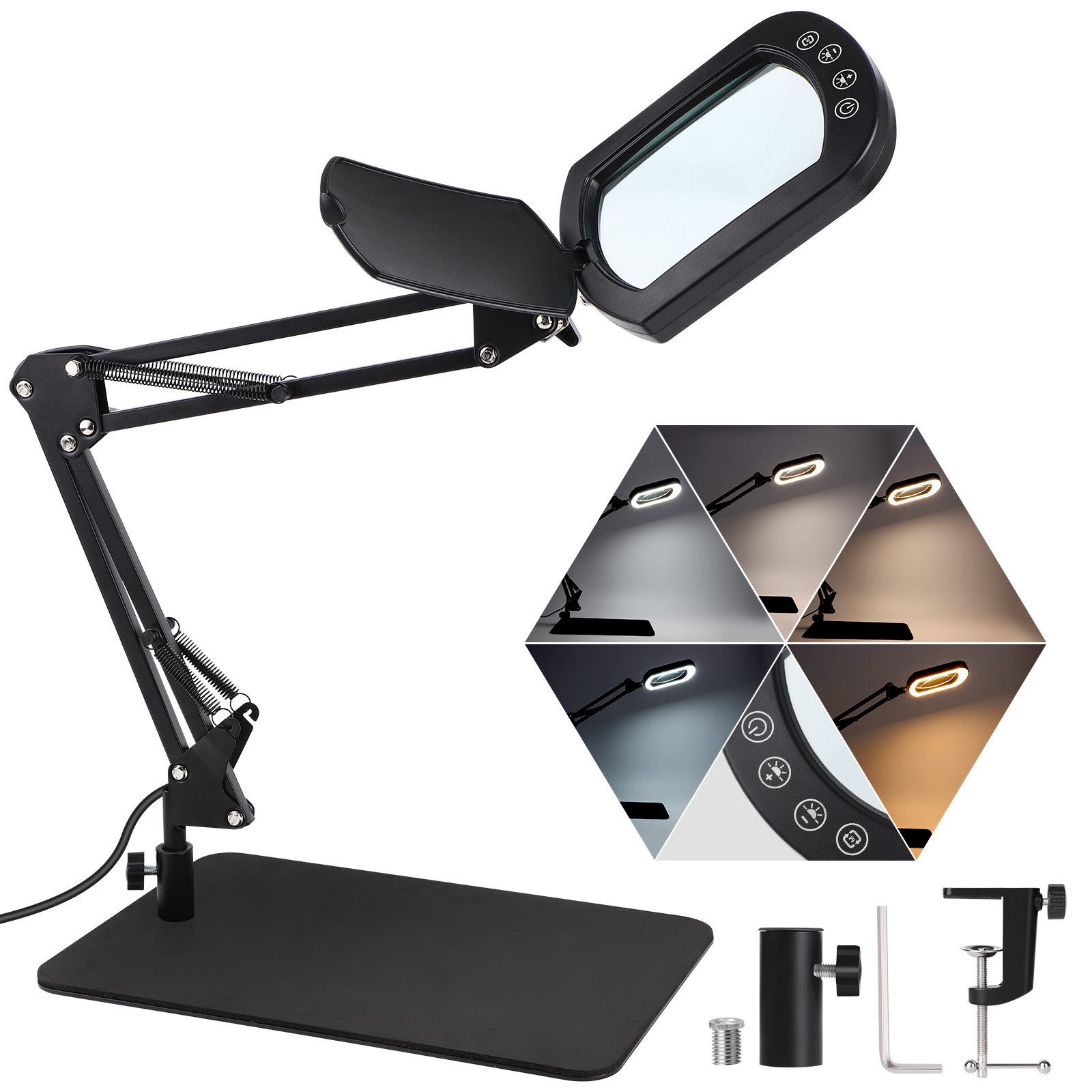 JOYOLEDER Lupenlampe LED Lupenleuchte 10X Beleuchtete Lupe mit 5 Farbmodi, Dimmbar, 2-in-1 Schreibtischlampe und Klemme LED Lupenlampe für Handwerk