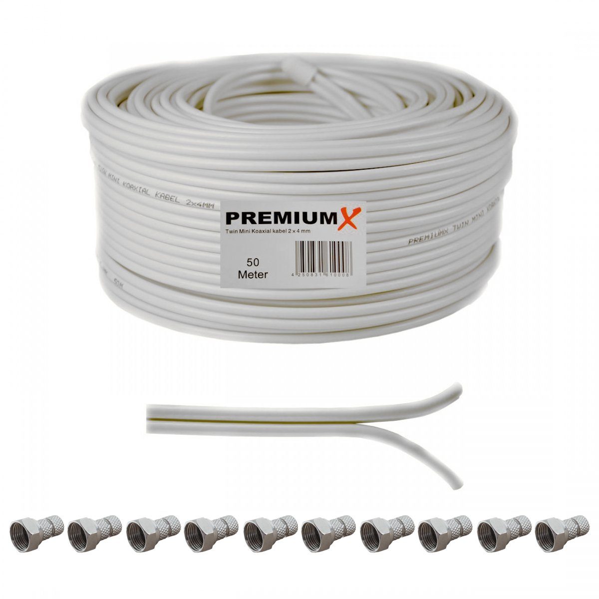 PremiumX 50m Sat Koaxial Kabel Twin Mini 2x 4mm Weiß inkl. 10x F-Stecker SAT-Kabel