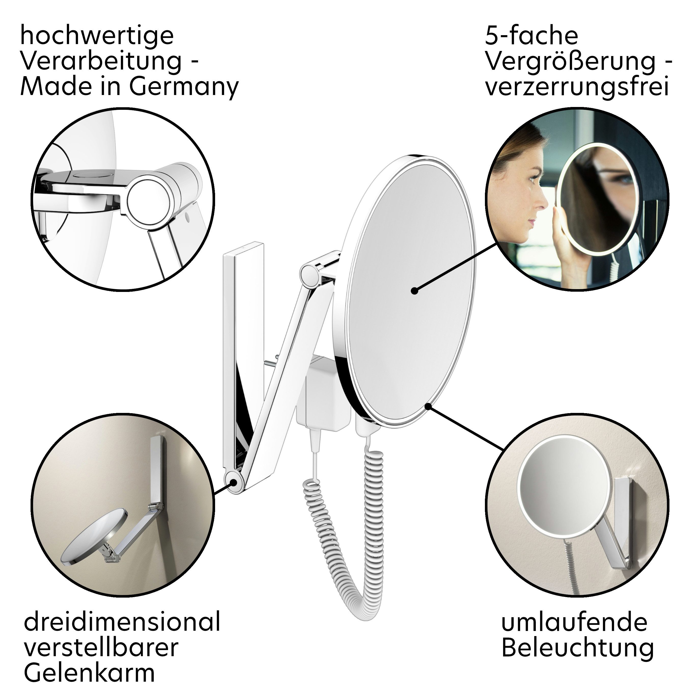 Keuco Kosmetikspiegel iLook_move (Blendfrei, 12 V Steckernetzteil), 5-fache Vergrößerung, mit Steckernetzteil, verchromt, Made in Germany