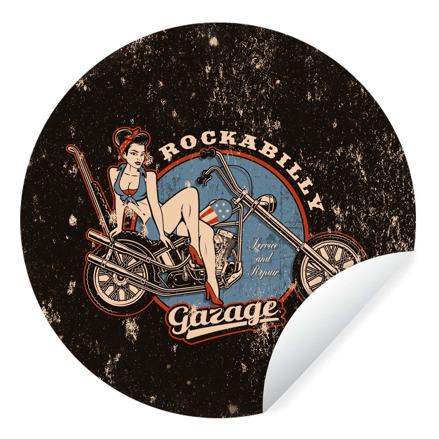 MuchoWow Wandsticker Mancave - Frauen - Motorrad - Vintage (1 St), Tapetenkreis für Kinderzimmer, Tapetenaufkleber, Rund, Wohnzimmer