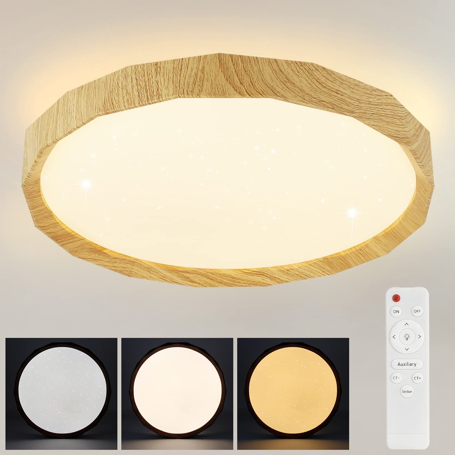 ZMH LED integriert, Sternenhimmel Fernbedienung, mit Tageslichtweiß, fest Deckenleuchte Holzfarbe Ø40cm Helle LED Dimmbar