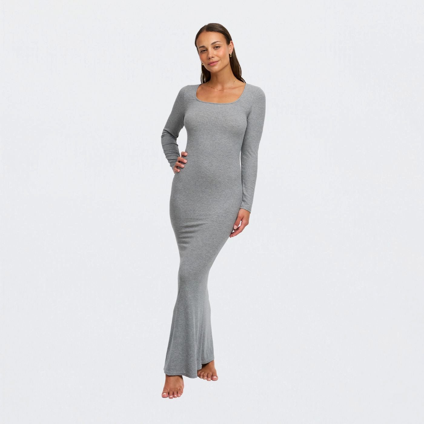 Creamy Fabrics Jerseykleid Ribbed Long Sleeve Maxikleid-Grey Melange-L (1-tlg)