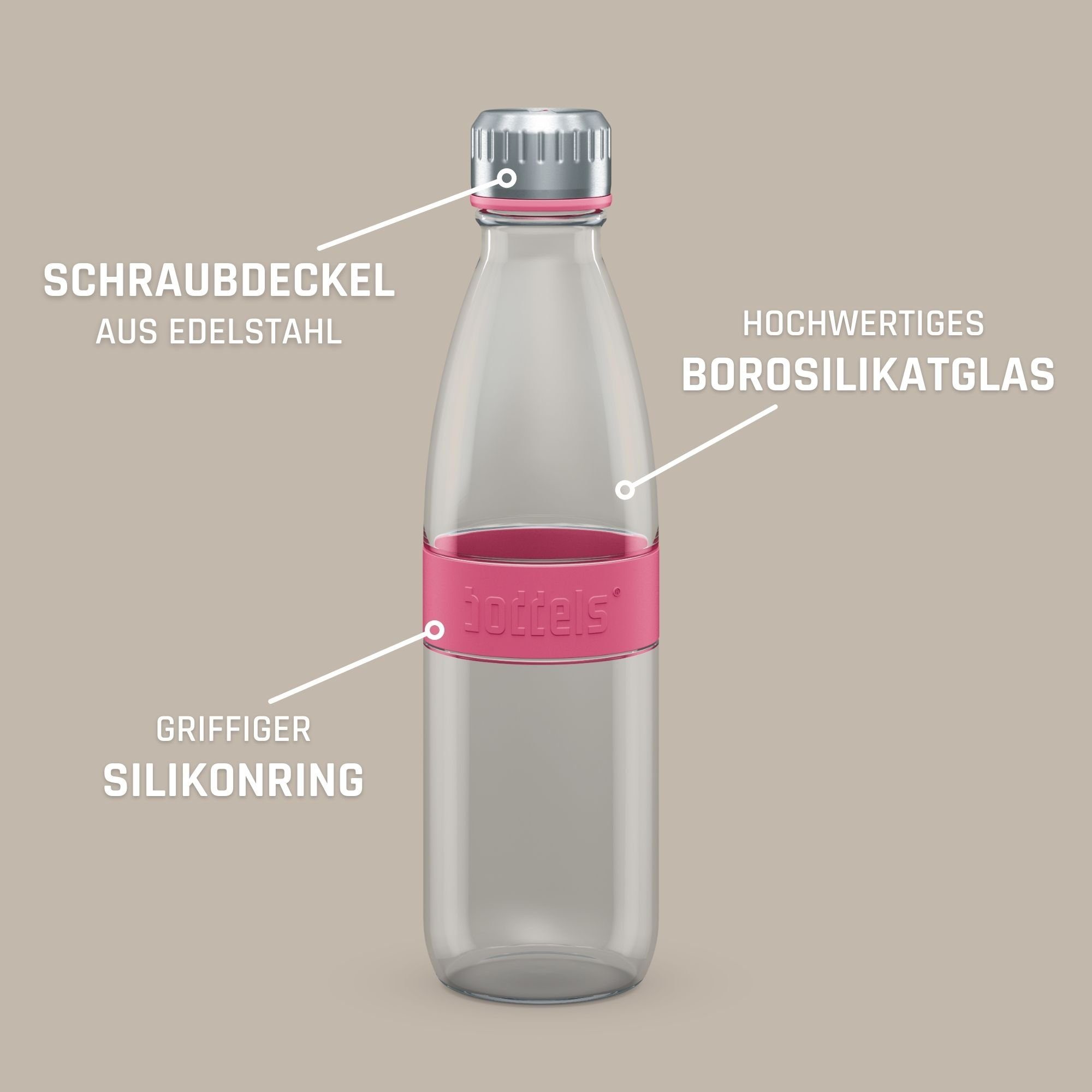DREE Flasche auslaufsicher, boddels Glas Trinkflasche 650ml, aus Himbeerrot doppelwandig, bruchfest