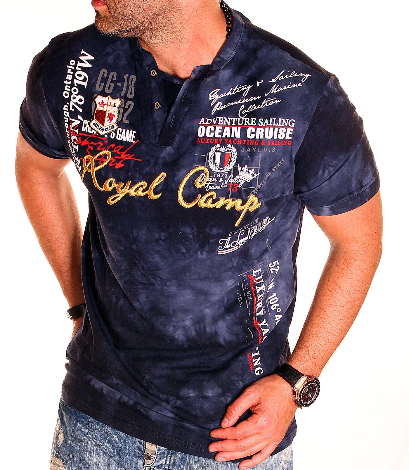 Freizeit Jaylvis Navy T-Shirt Kurzarm Shirt V-Kragen (2275) Sommer