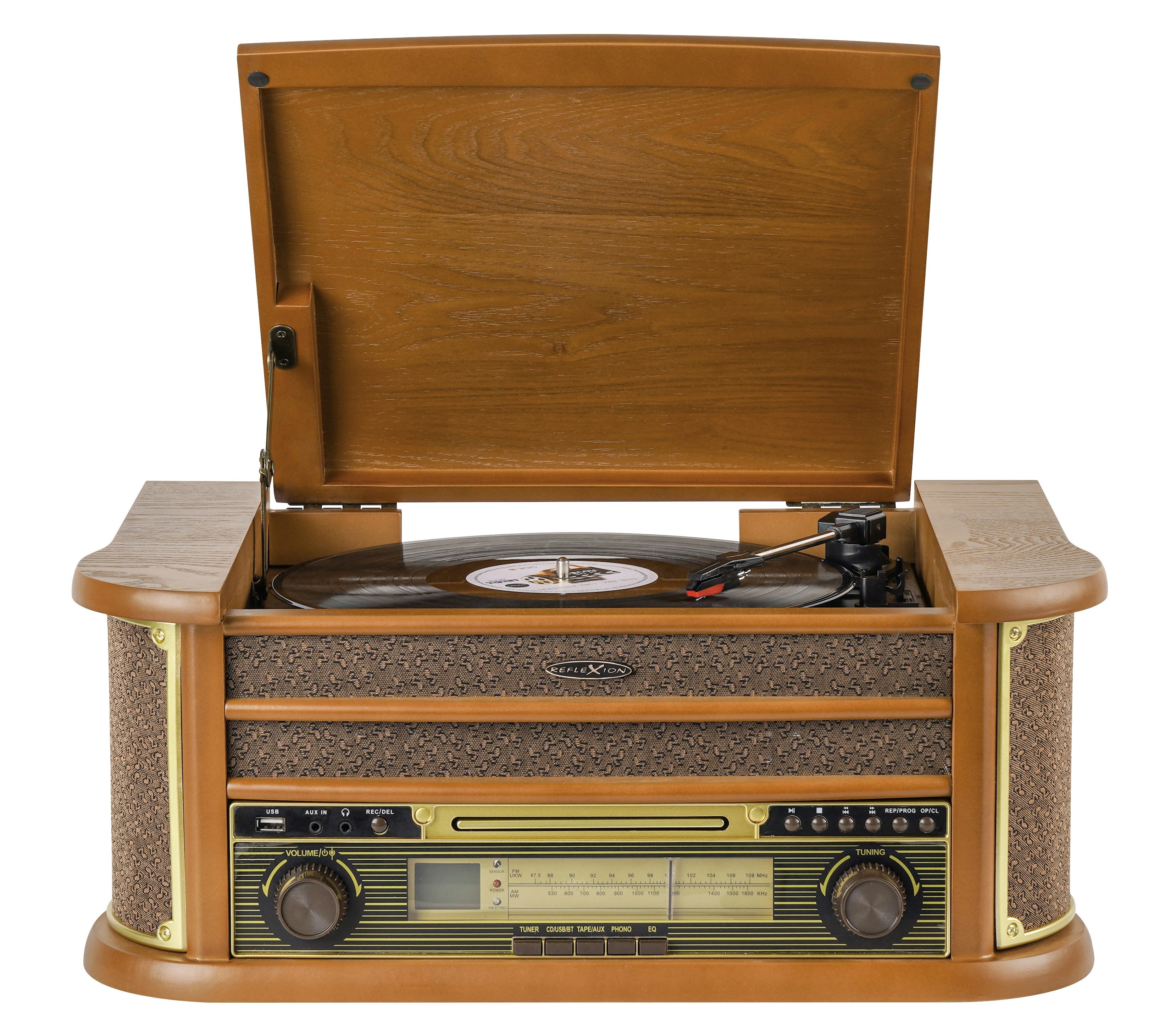 Reflexion HIF2002 Retro HiFi Anlage im Echtholz-Gehäuse Nostalgie-Design Radioplattenspieler (Riemenantrieb, Echtholzgehäuse, CD-Player, Kassettenspieler, Encoding-Funktion)