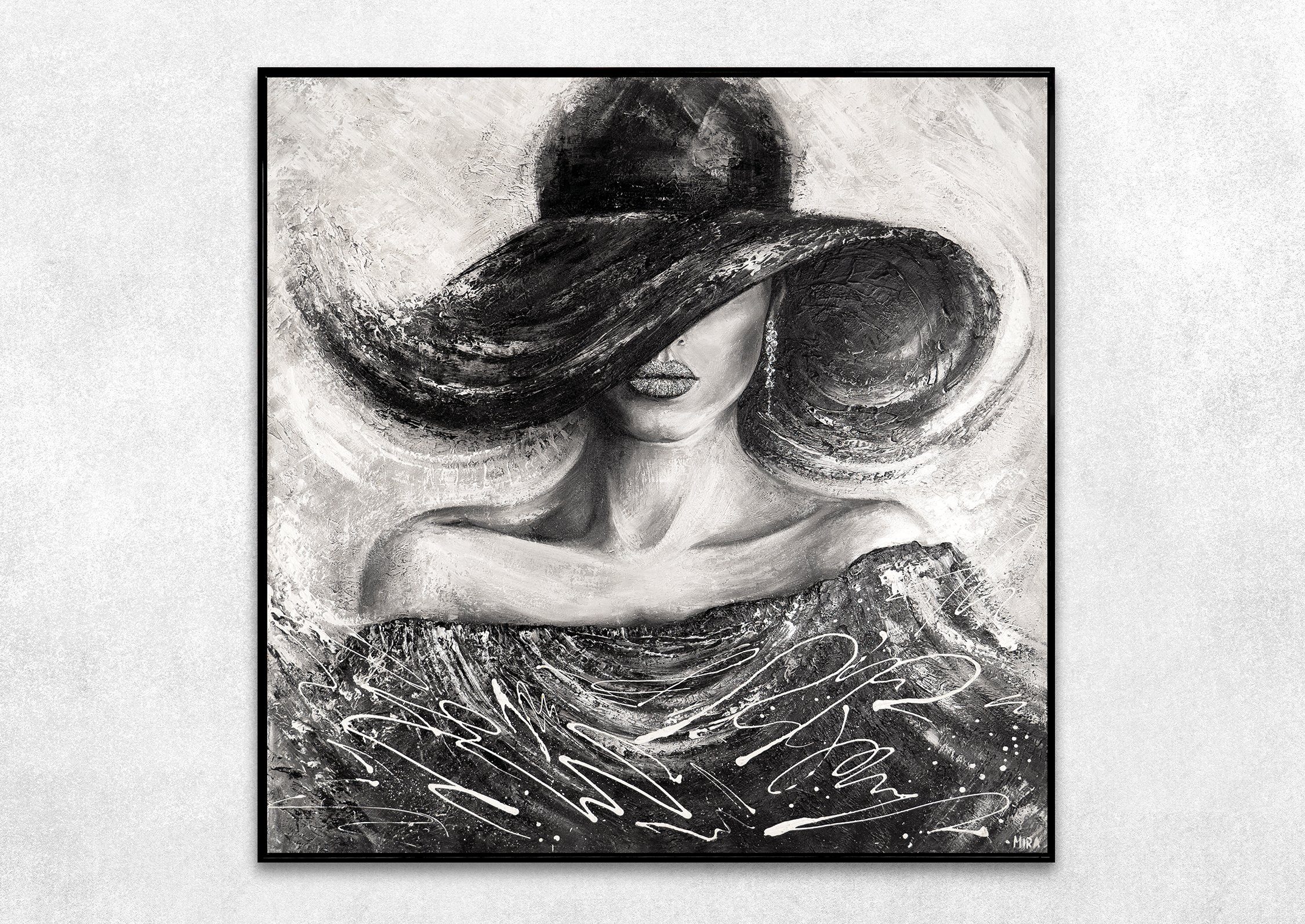 YS-Art Gemälde Charme, Menschen, Quadratisch Hut schwarz Handgemalt Bild Schwarz Leinwand Frau Mit mit in Rahmen