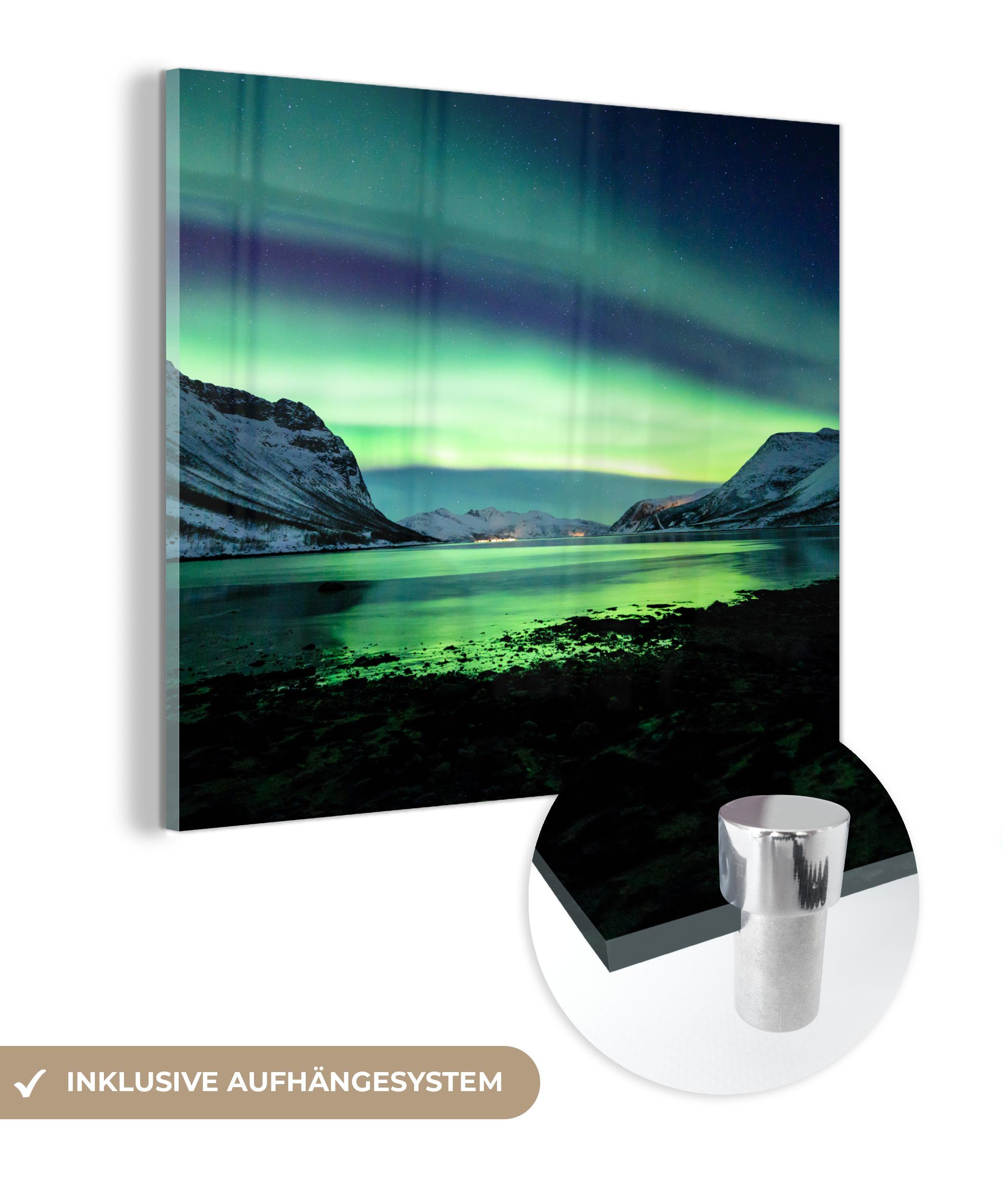MuchoWow Acrylglasbild Nordlicht - Norwegen - Eis - Gelb - Berg - Wasser - Schnee, (1 St), Glasbilder - Bilder auf Glas Wandbild - Foto auf Glas - Wanddekoration bunt
