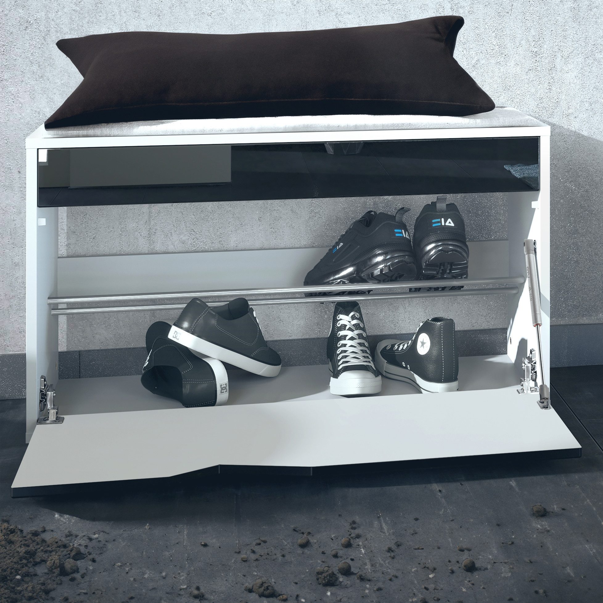 Vladon Garderoben-Set Espoo, (Flur Garderobe, mit Schuhbank, 2 Wandpaneel und 2 Runde Wandspiegel), Weiß matt/Grau Hochglanz
