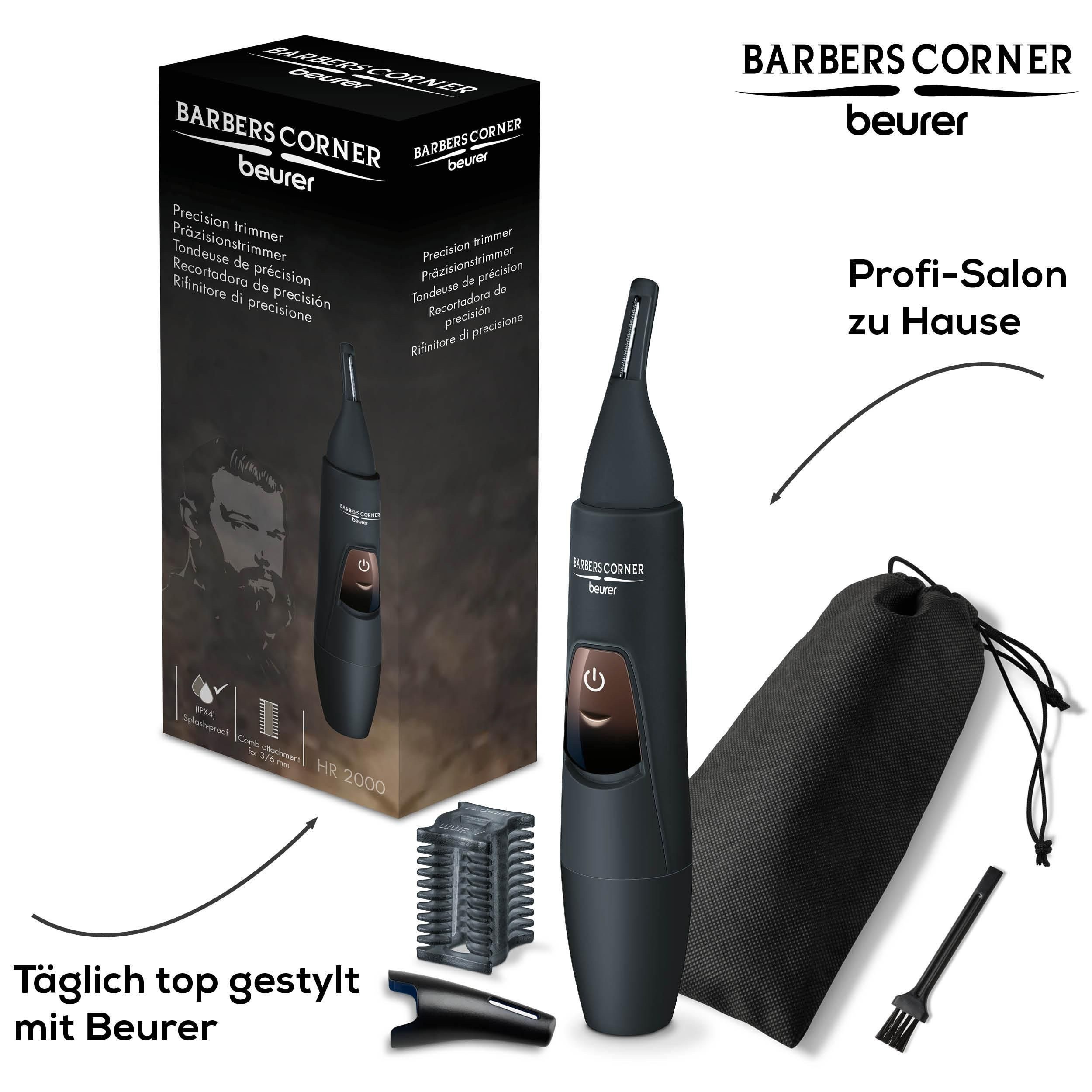 BEURER Nasen- und Ohrhaartrimmer HR 2000 Präzisionstrimmer für Augenbrauen, Nasen- und Ohrhaare, Inkl. Schutzkappe, Aufbewahrungsbeutel und Reinigungspinsel