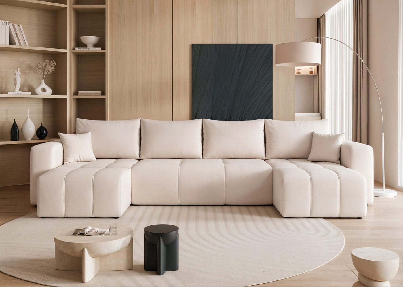 yourhouse24 Wohnlandschaft PEDRO U in Samt-Optik – Riesige Schlaffunktion & abnehmbare Bezüge, mit Schlaffunktion und Bettkasten, Seite universal