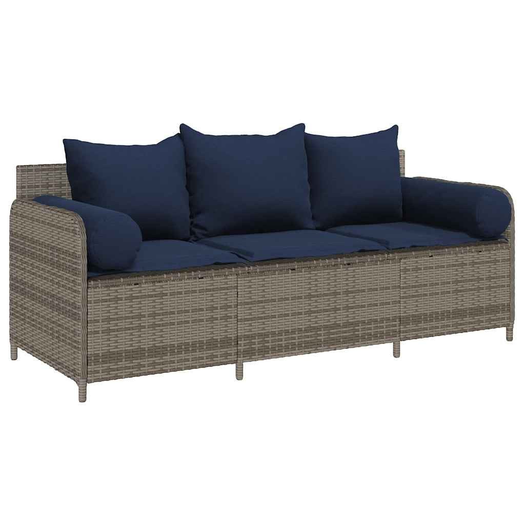 vidaXL Loungesofa Gartensofa mit Kissen 3-Sitzer Grau Poly Rattan, 1 Teile
