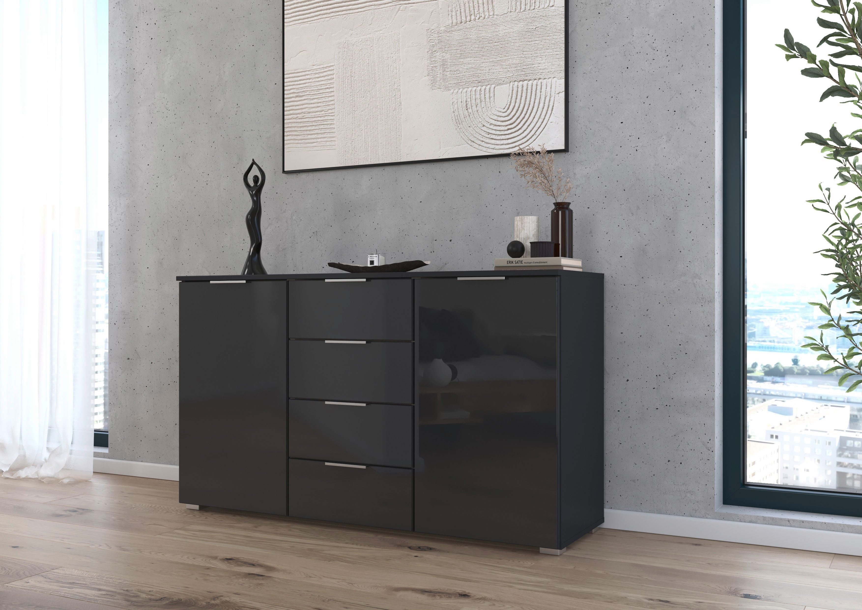 OTTO home Kombikommode Sideboard Kombikommode Schubladenkommode AGORDO mit Glasfront (in zwei Griff-Farben, Breite 120 cm), vier große Schubladen, mit insgesamt 4 Einlegeböden MADE IN GERMANY