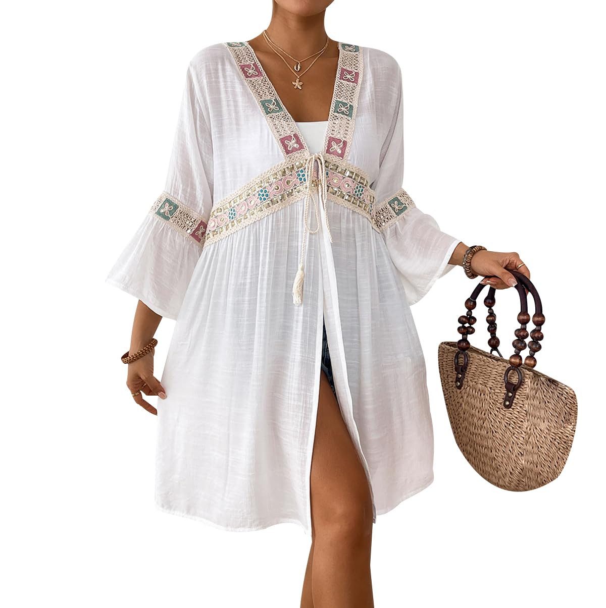 MOPUEA Strandkleid Kimono Strand Cardigan Bikini Cover Up Damen Swim Cover Ups (Boho Beach Beachwear Kimono Cardigan Strand Damen Lang Sommer, 1-tlg., Floral gehäkelte Strandbluse, V-Ausschnitt Transparent) Sommer Cardigans für Damen, Zum Binden Vorne, St