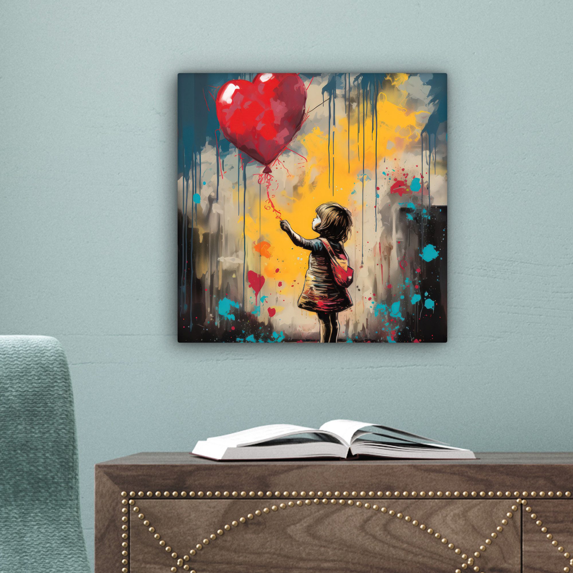 OneMillionCanvasses® Leinwandbild Mädchen - Luftballon - Herz - Graffiti, Fotodruck (1 St), Leinwand Canvas Wandbild, Wanddekoration 20x30 cm – Bild 3 von 5