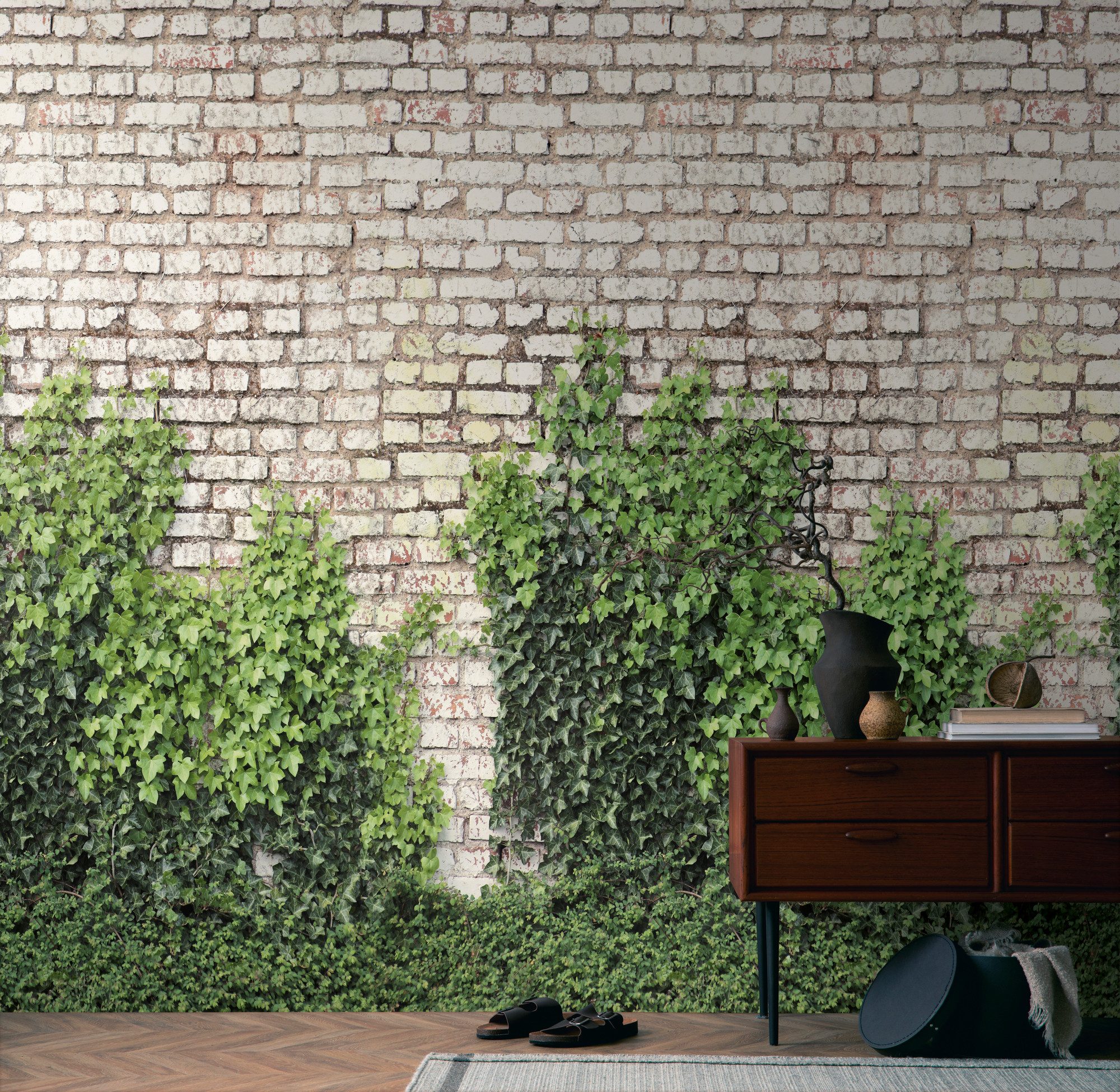 living walls Fototapete The Wall 4 Eyecatcher – Steinwand mit Blätterranken Vlies-Fototapete, leicht strukturiert, Steinoptik, matt, naturalistisch, (1 St), Steinwand mit Blätterranken – dekorativer Tiefenwirkung