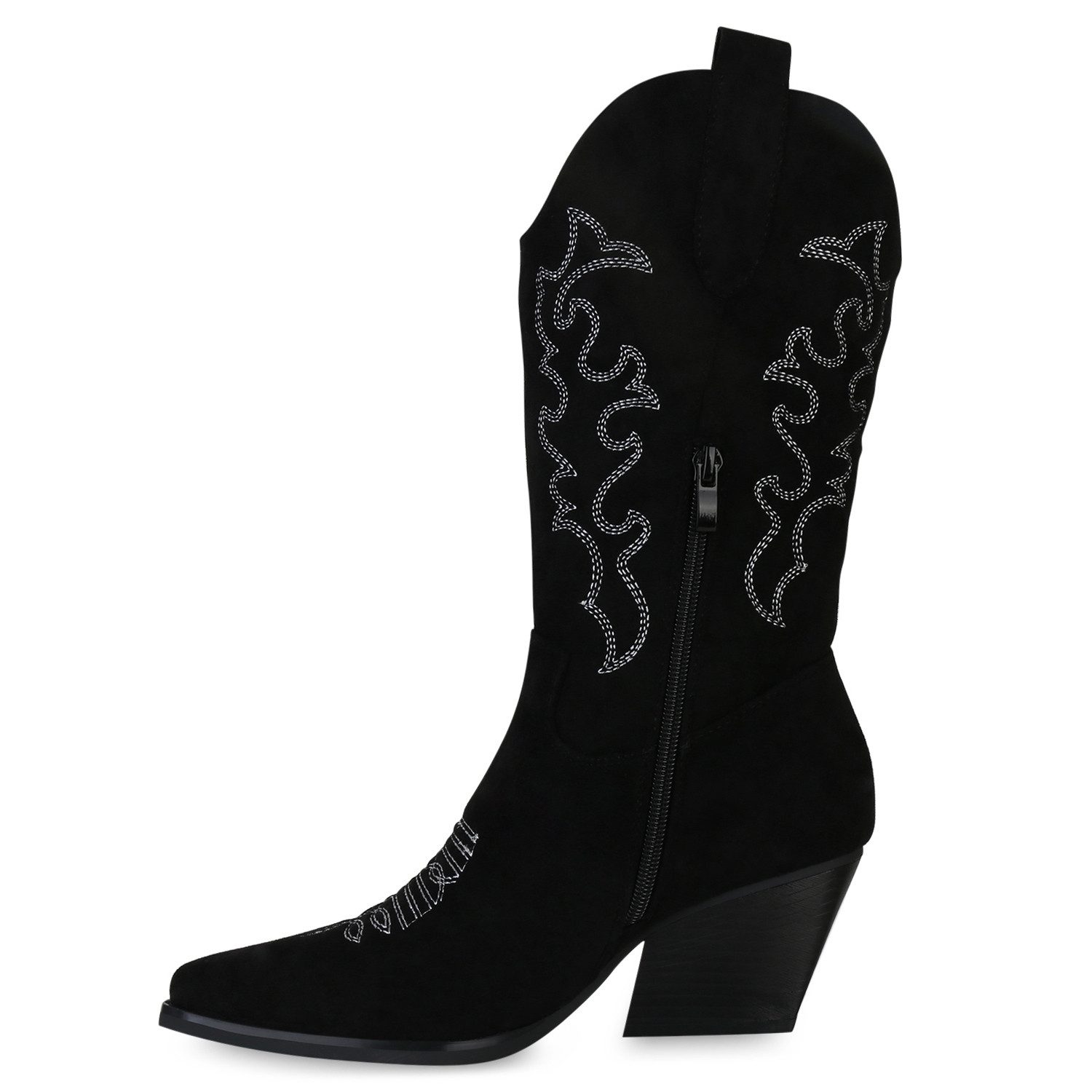 VAN HILL 839969 Cowboystiefel Damen Stiefel Cowboystiefel Stickereien Holzoptikabsatz