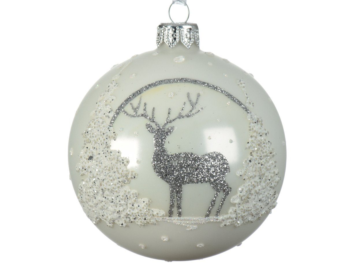 Decoris decorations Hirsch im 8cm 6er Weihnachtsbaumkugel, Weihnachtskugeln Motiv Set Winterweiß mit Wald Glas season