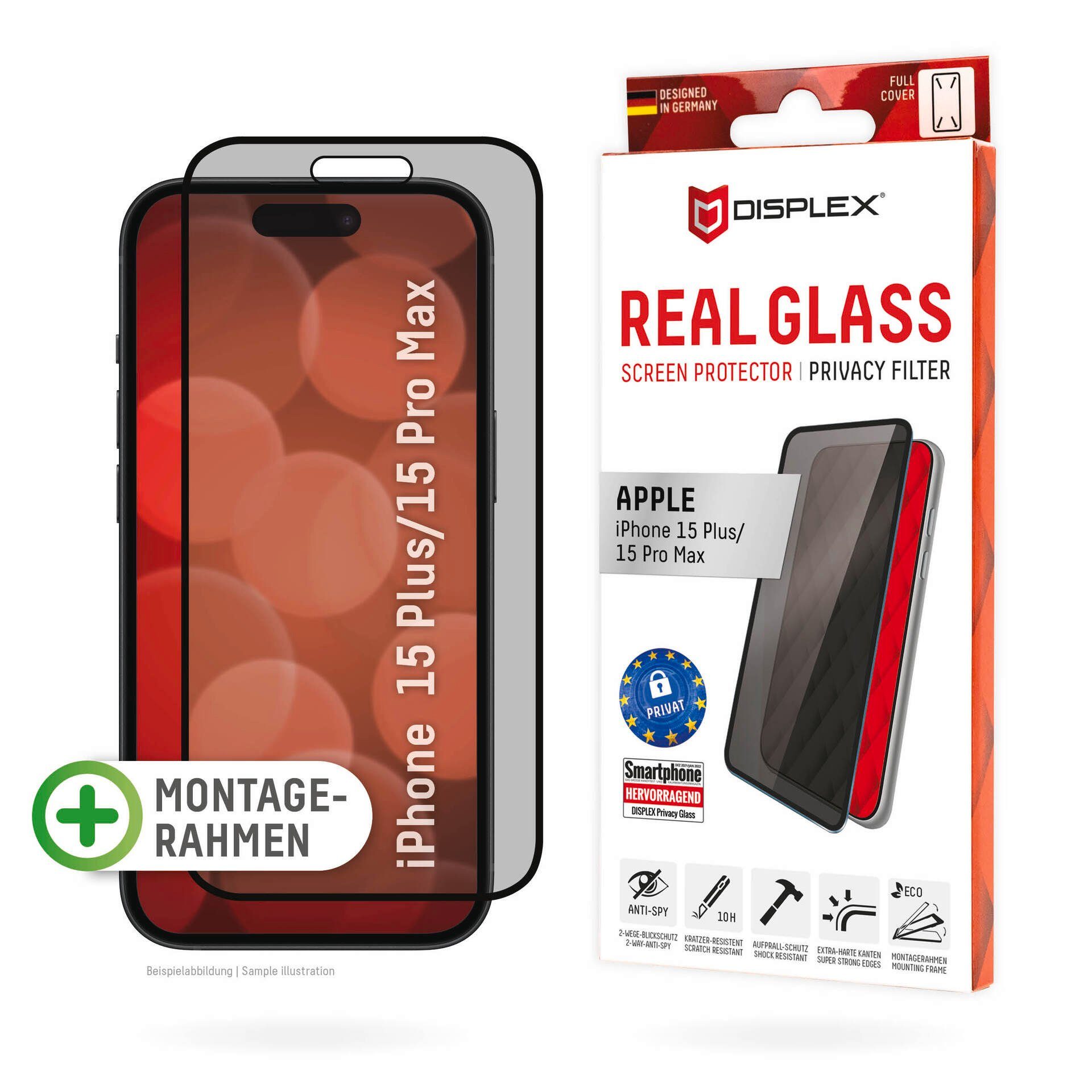 Displex Displayschutzglas Privacy Glass für Apple iPhone 15 Plus, Apple iPhone 15 Pro Max, Blickschutz Displayschutzfolie Displayschutz kratzer-resistent 10H